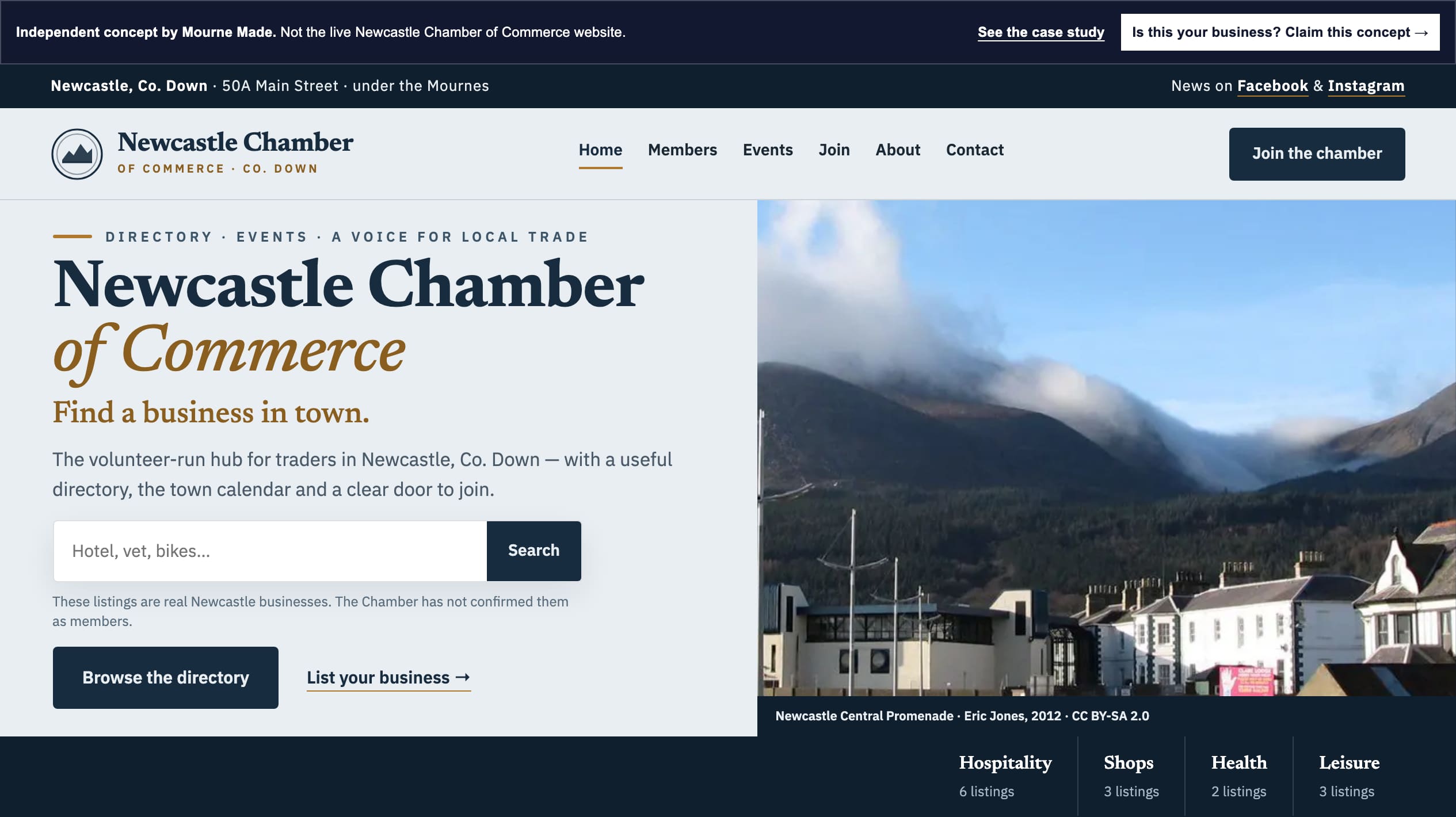 Mourne Made concept opening in harbour navy, sea mist and civic brass: Find a business on Main Street headline, directory search, Halloween events card and trade categories