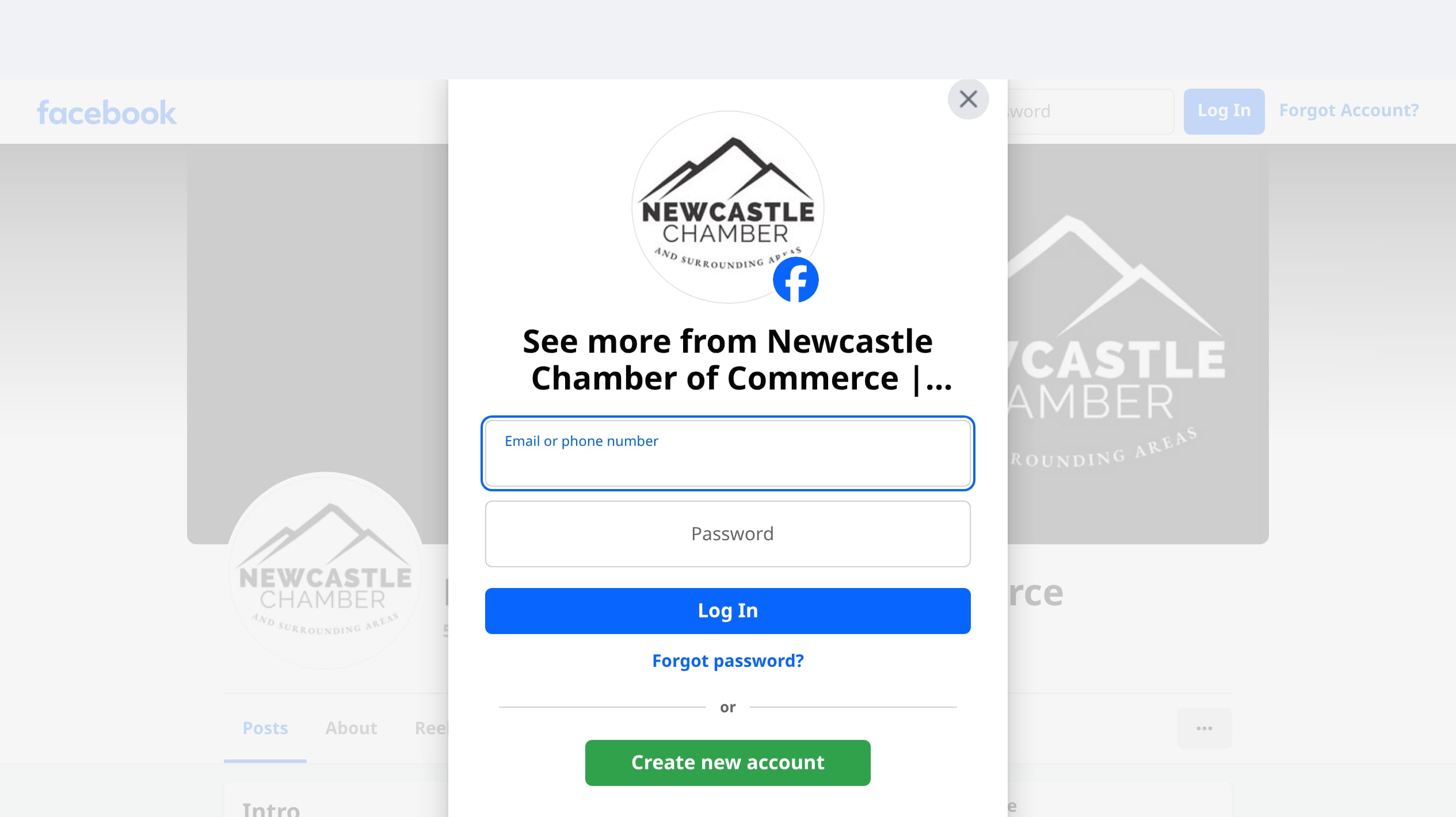 Newcastle Chamber of Commerce's current public presence: its Facebook page covered by a login form, with the Chamber's introduction greyed out behind the wall