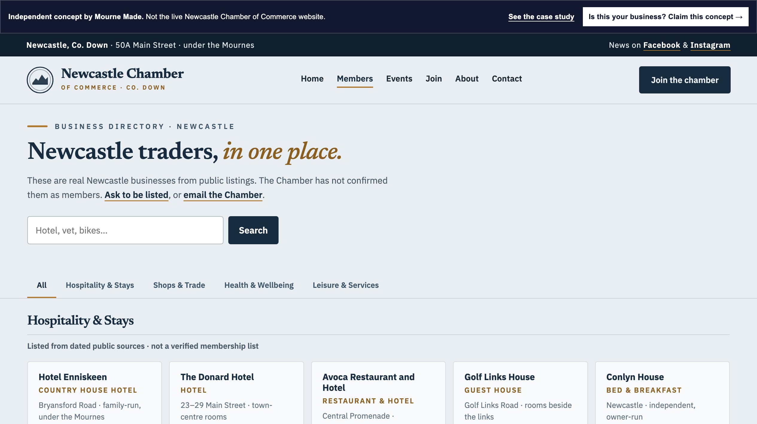 Newcastle Chamber member directory concept: harbour-navy header with the chamber seal, a grid of business cards organised by trade category, and a Join the Chamber banner at the foot