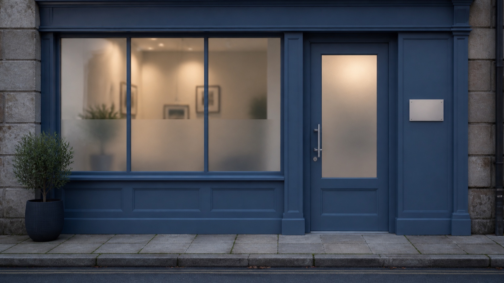 AI-generated indicative scene of an unlit family dental-practice door with an empty nameplate