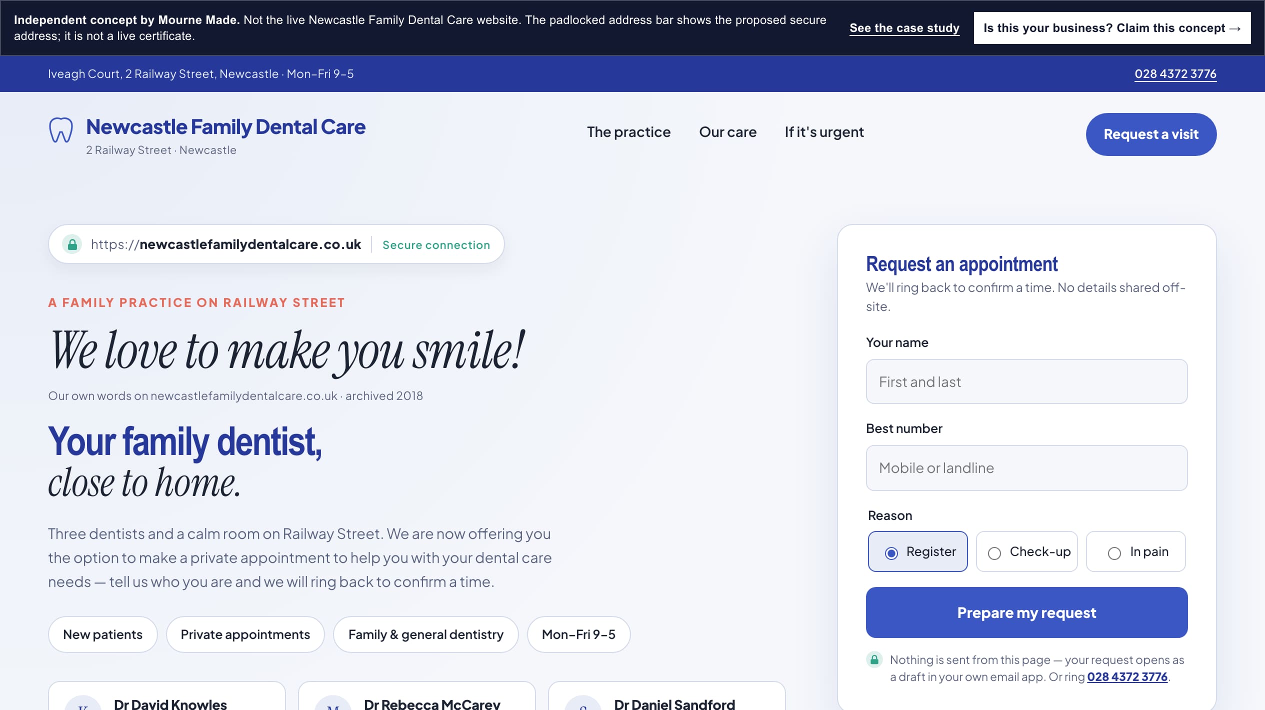 Mourne Made concept in clinical periwinkle: a Your family dentist, close to home headline with a padlocked secure address bar and an appointment-request form stated as HTTPS