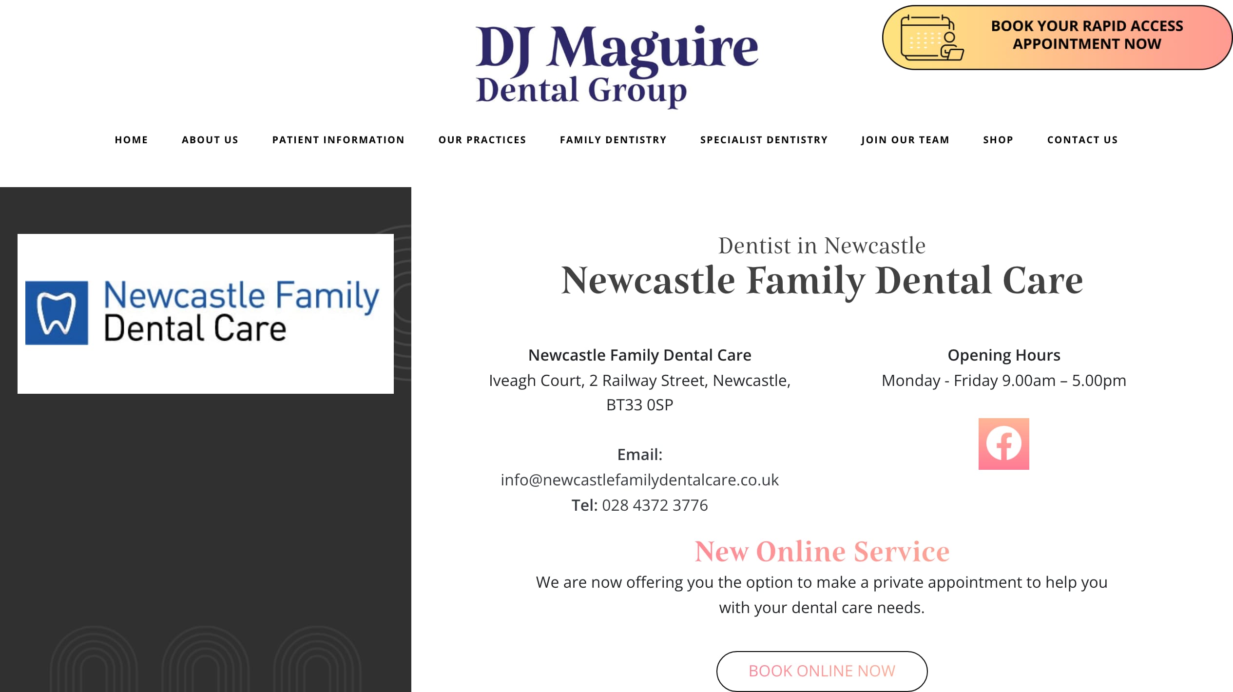 Newcastle Family Dental Care's current website: its domain redirecting over insecure HTTP to a DJ Maguire Dentists location page branded Newcastle Family Dental Care