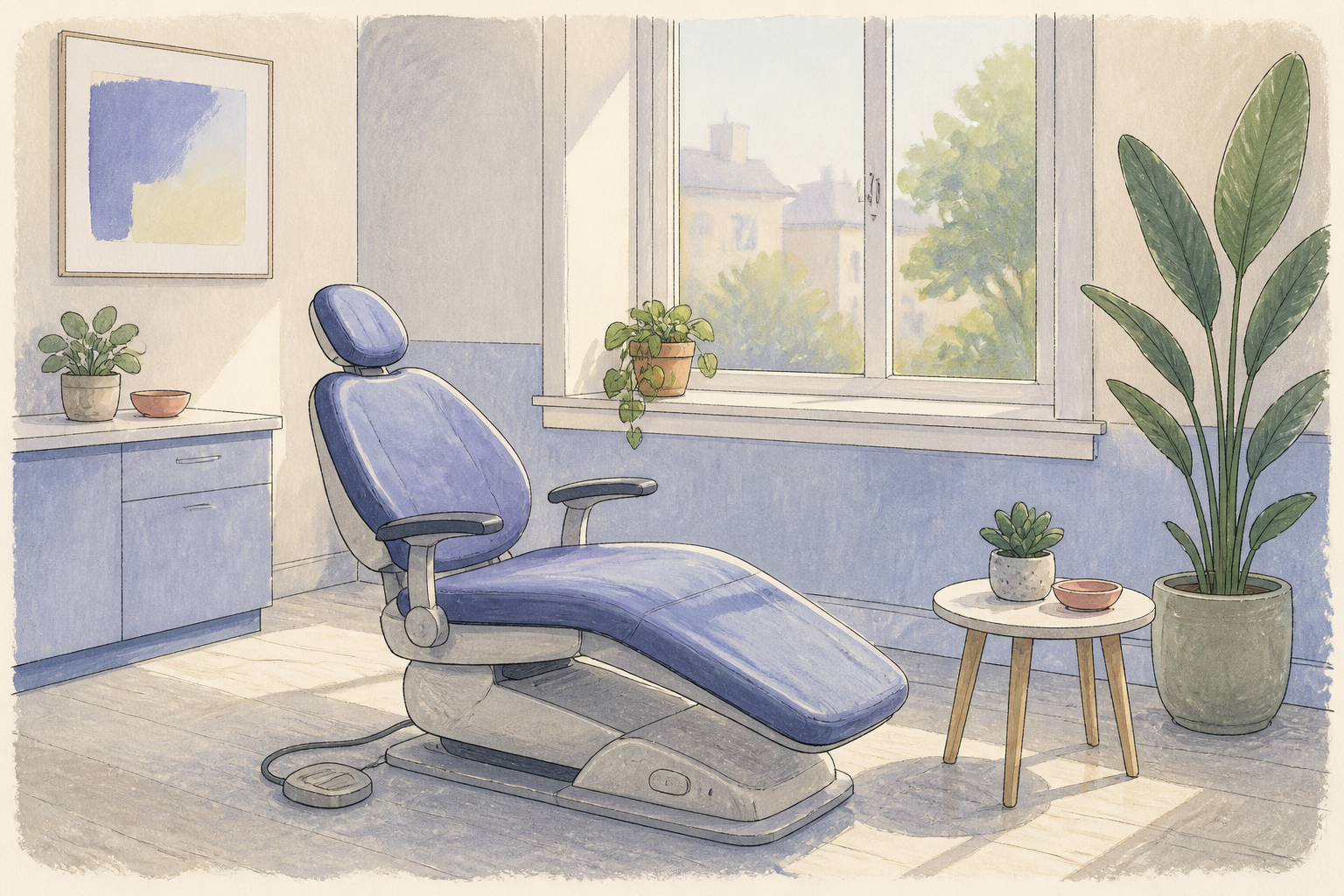 Hand-drawn plate of a calm dental room: a periwinkle chair by a window, a plant and a quiet side table