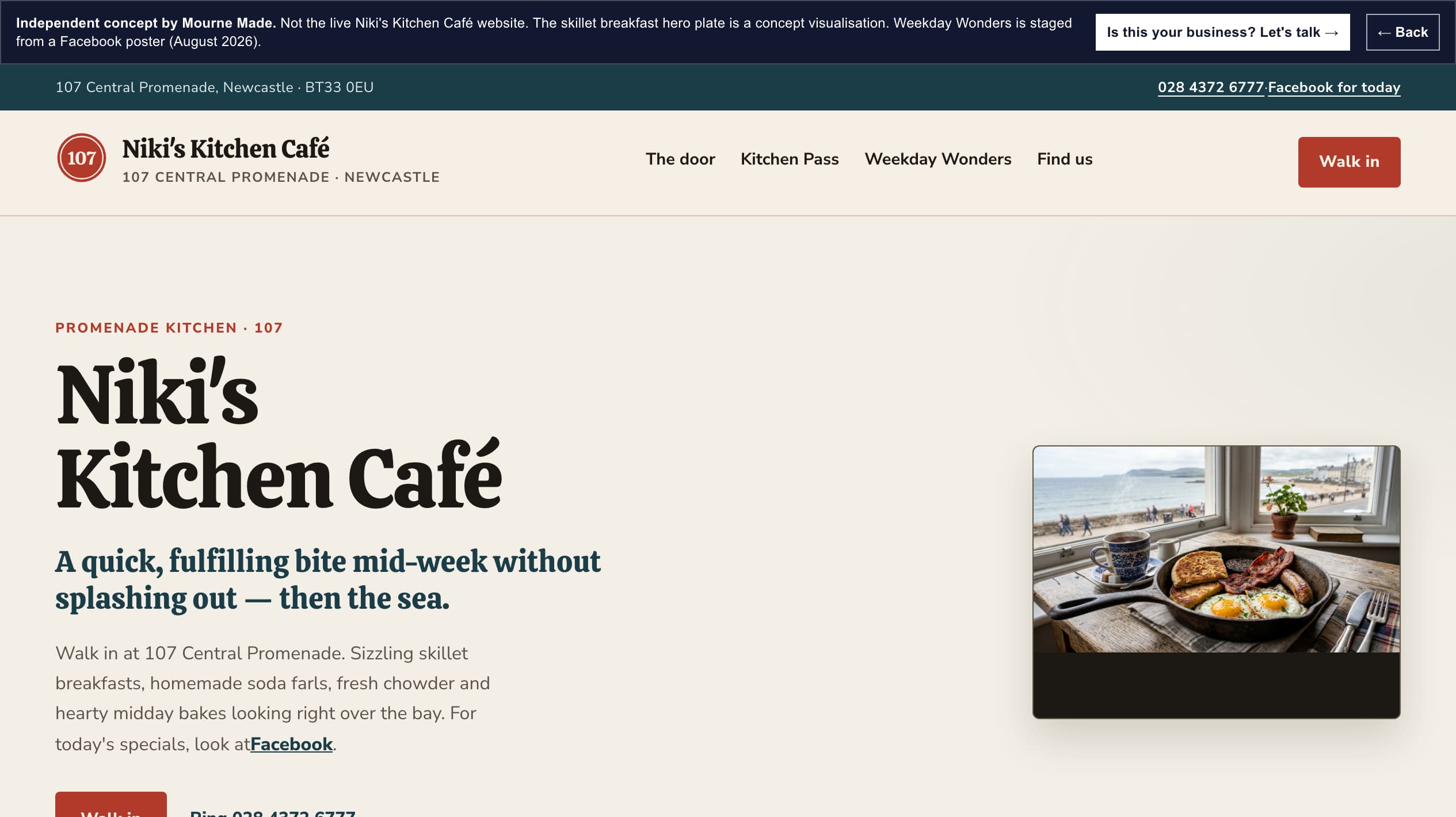 Mourne Made concept opening screen for Niki's Kitchen Café, captured from the local concept route