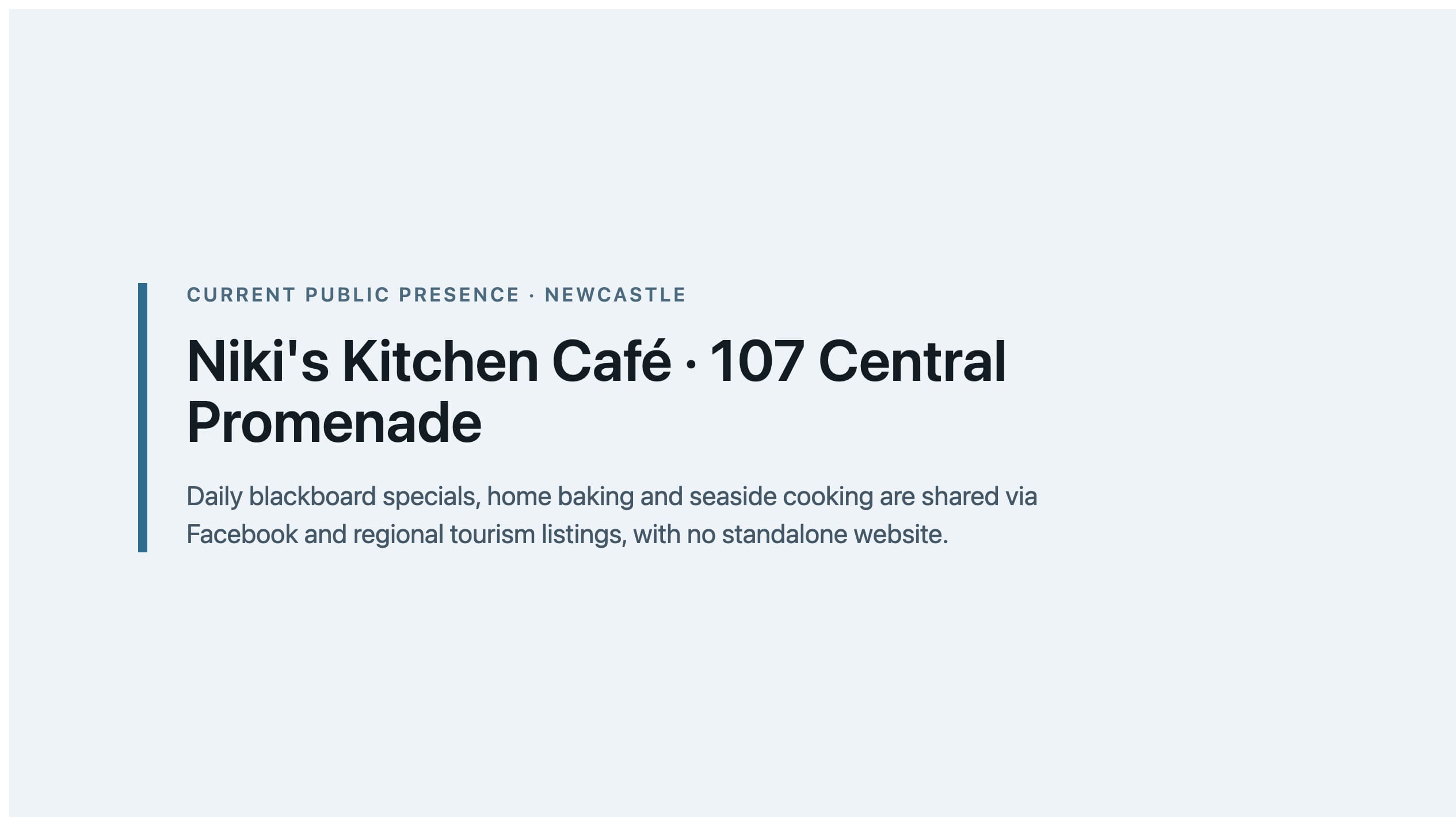 Labelled placeholder for Niki's Kitchen Café's current public presence (Facebook and local directories) — not a live-site screenshot; a matched capture was not filed for the 25 August 2026 publish