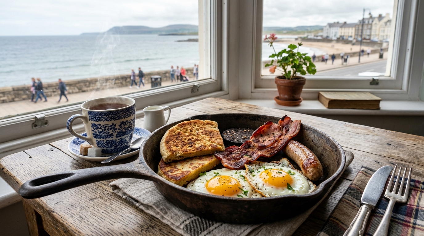 Cast-iron skillet breakfast with homemade soda farls and tea overlooking the Newcastle promenade and Irish Sea