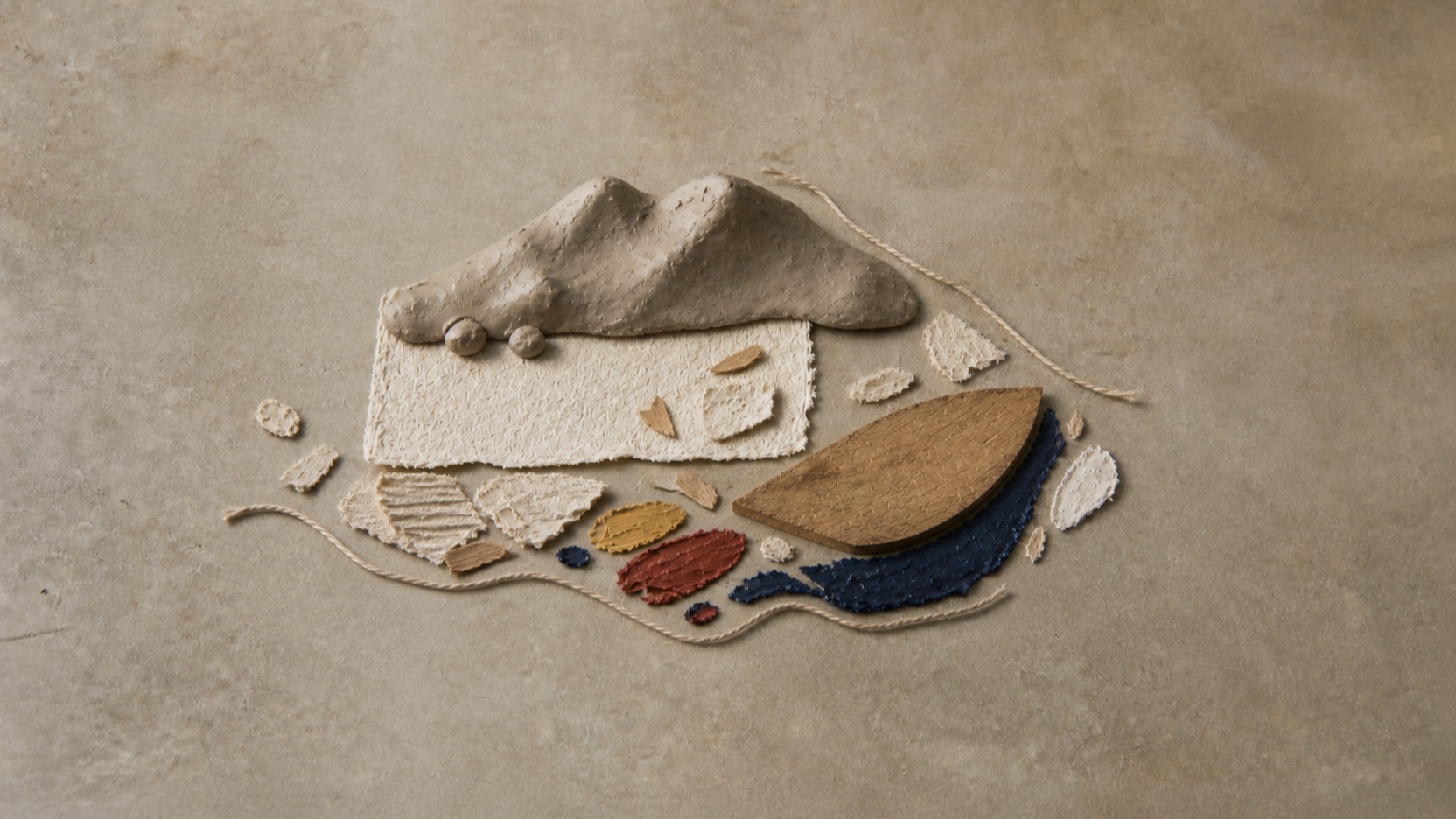 AI-generated original craft scene of the materials beginning to form a tactile Mourne and County Down landscape