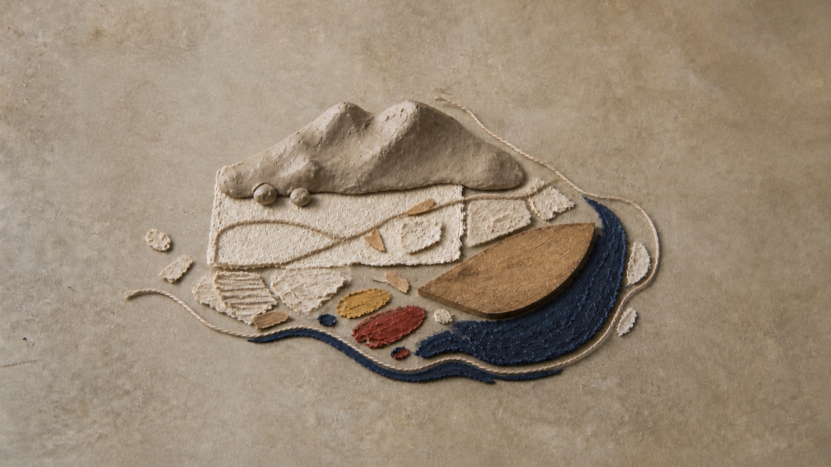 AI-generated original craft scene of the complete handmade landscape of mountain, fields and blue coast