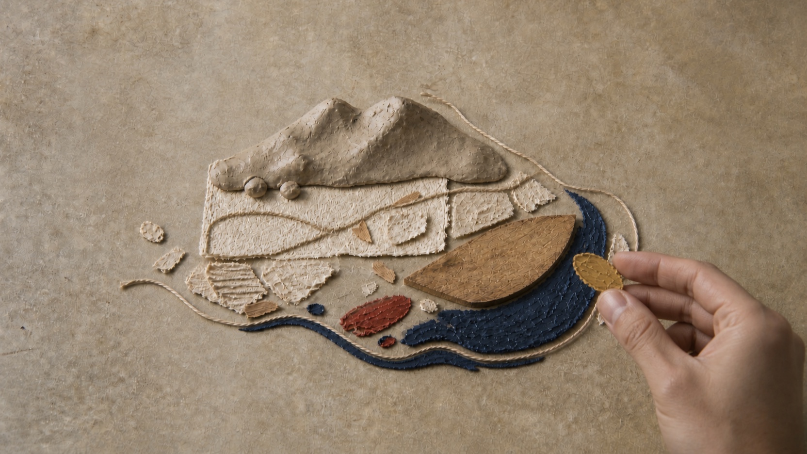 AI-generated original craft scene of a hand lifting one small finished piece while the larger landscape remains