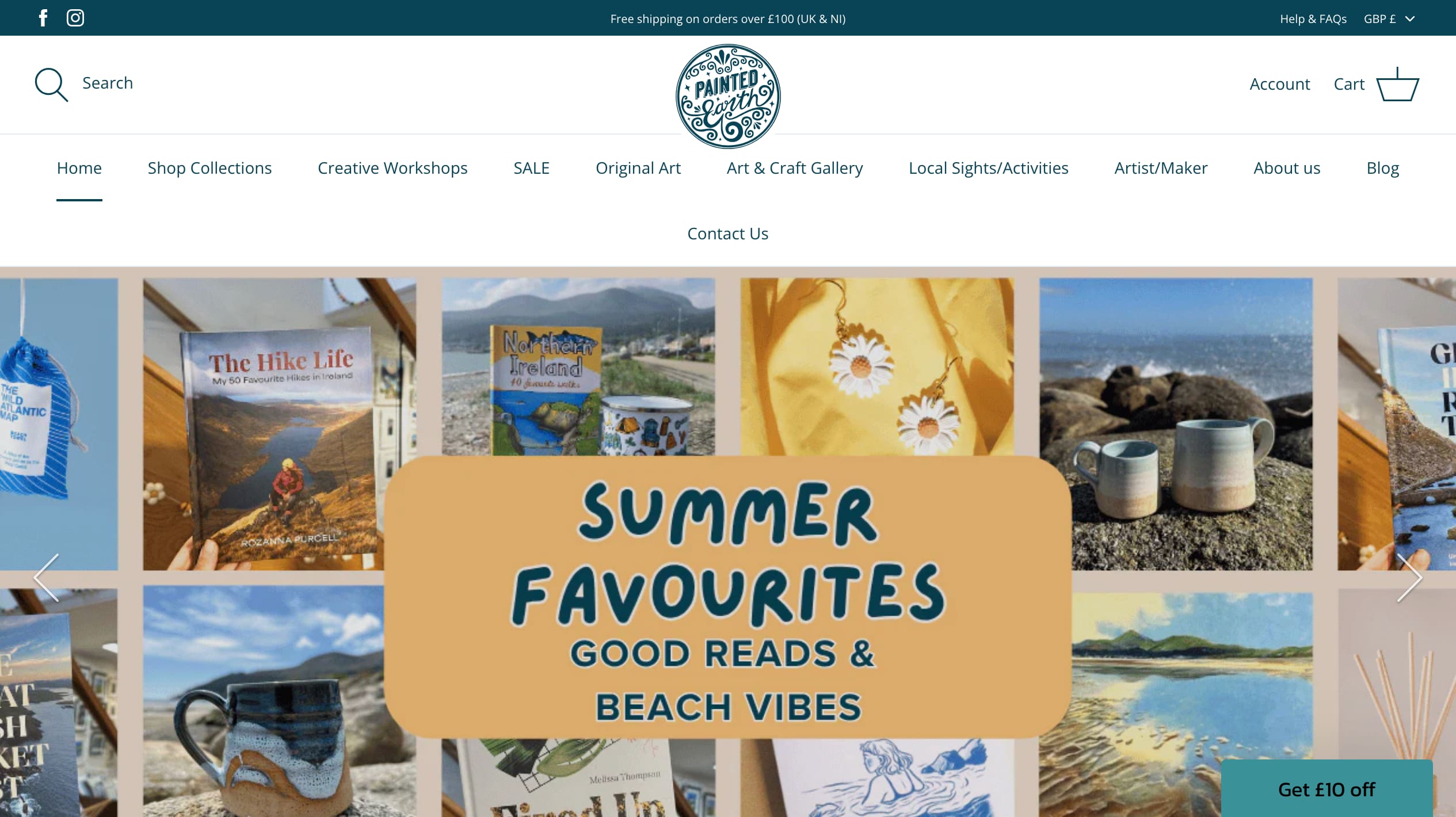 Painted Earth's current shop homepage: the hand-lettered roundel over a rotating workshop banner, with the Shop Collections menu opening into lists of maker names