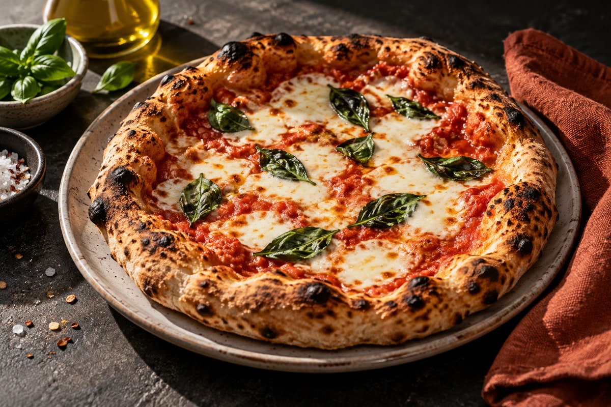 Freshly baked artisan wood-fired pizza with blistered crust and fresh basil
