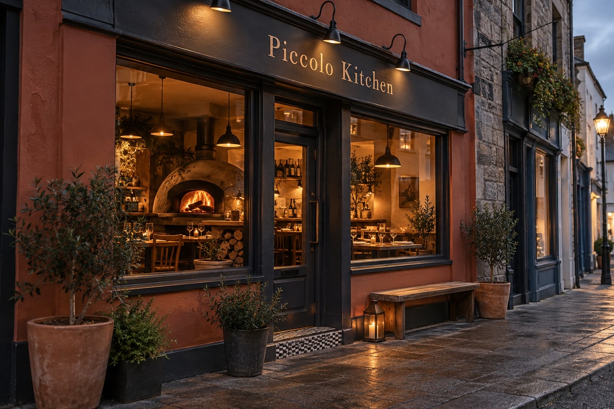 Piccolo Kitchen restaurant front at 127 Main Street Newcastle with warm dining light