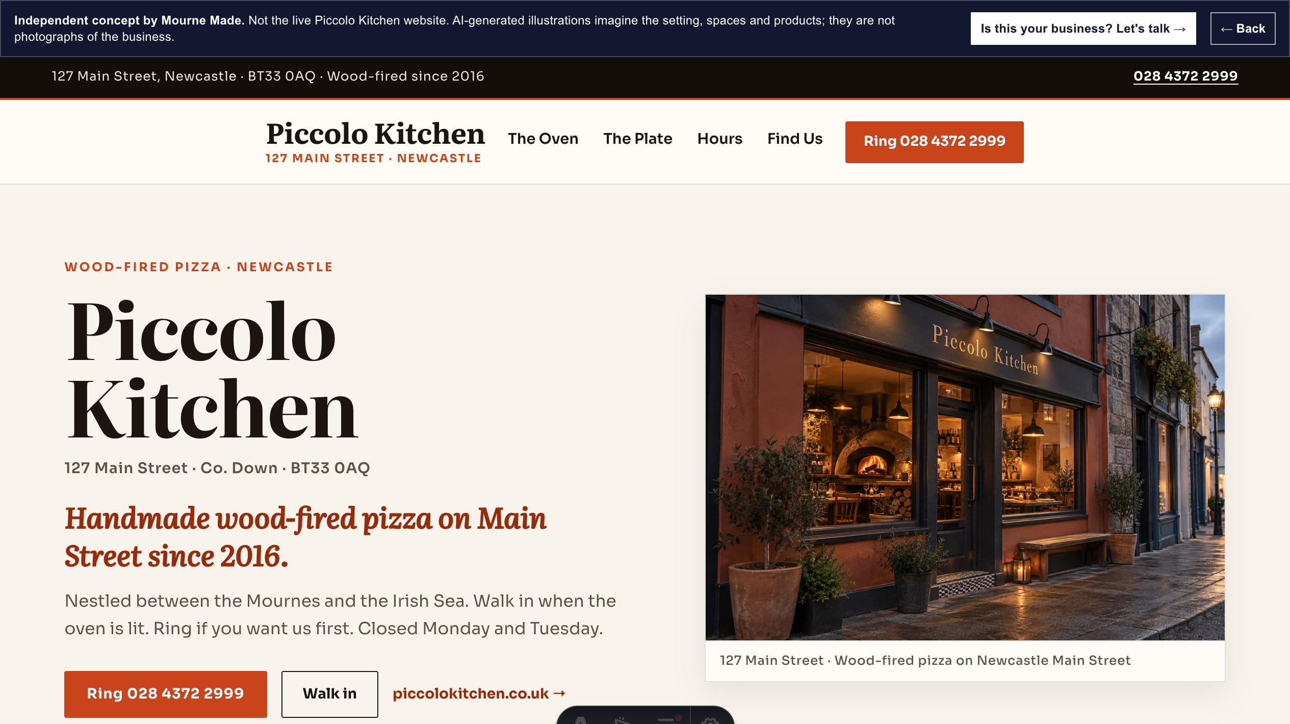 Mourne Made concept opening screen for Piccolo Kitchen, captured from the local concept route