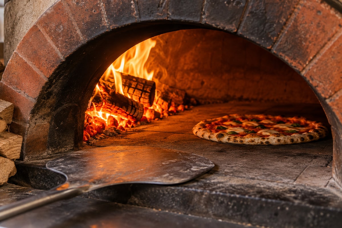 Blazing wood-fired stone pizza oven glowing with hardwood embers