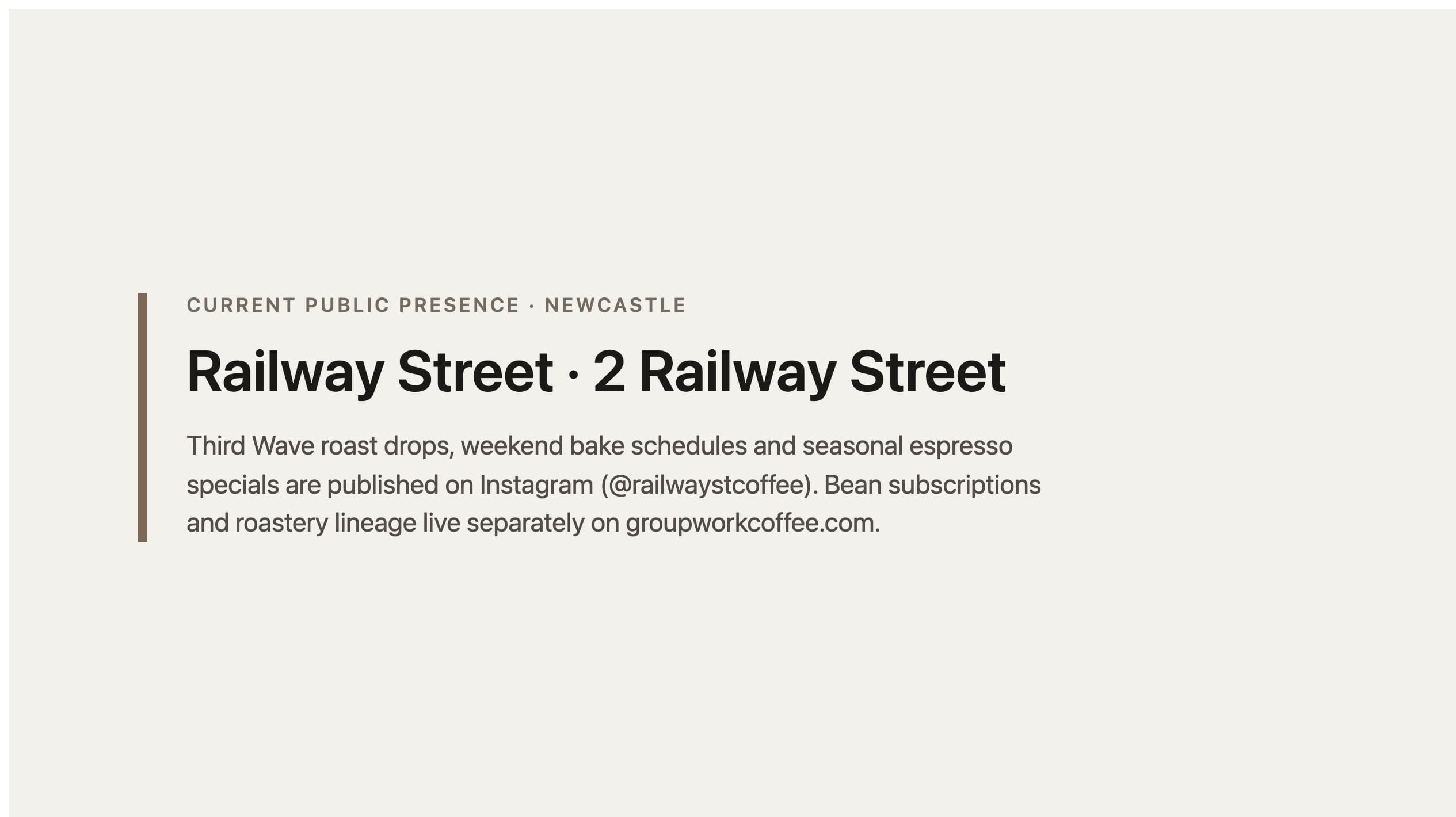Labelled placeholder for Railway Street's current public presence (Instagram @railwaystcoffee and roastery site) — not a live-site screenshot; a matched capture was not filed for the 25 August 2026 publish