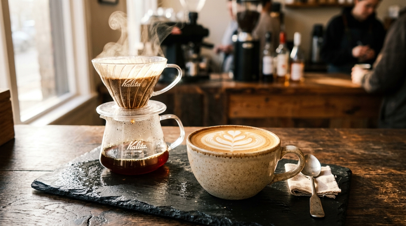 Freshly poured Kalita Wave filter brew and flat white on Mourne slate