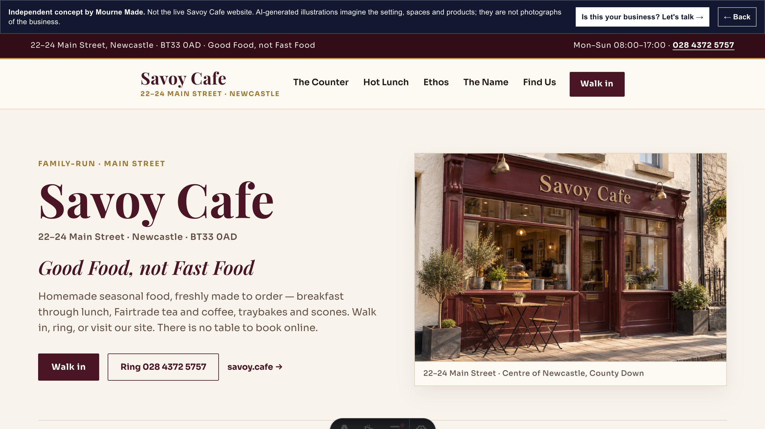 Mourne Made concept opening screen for Savoy Cafe, captured from the local concept route