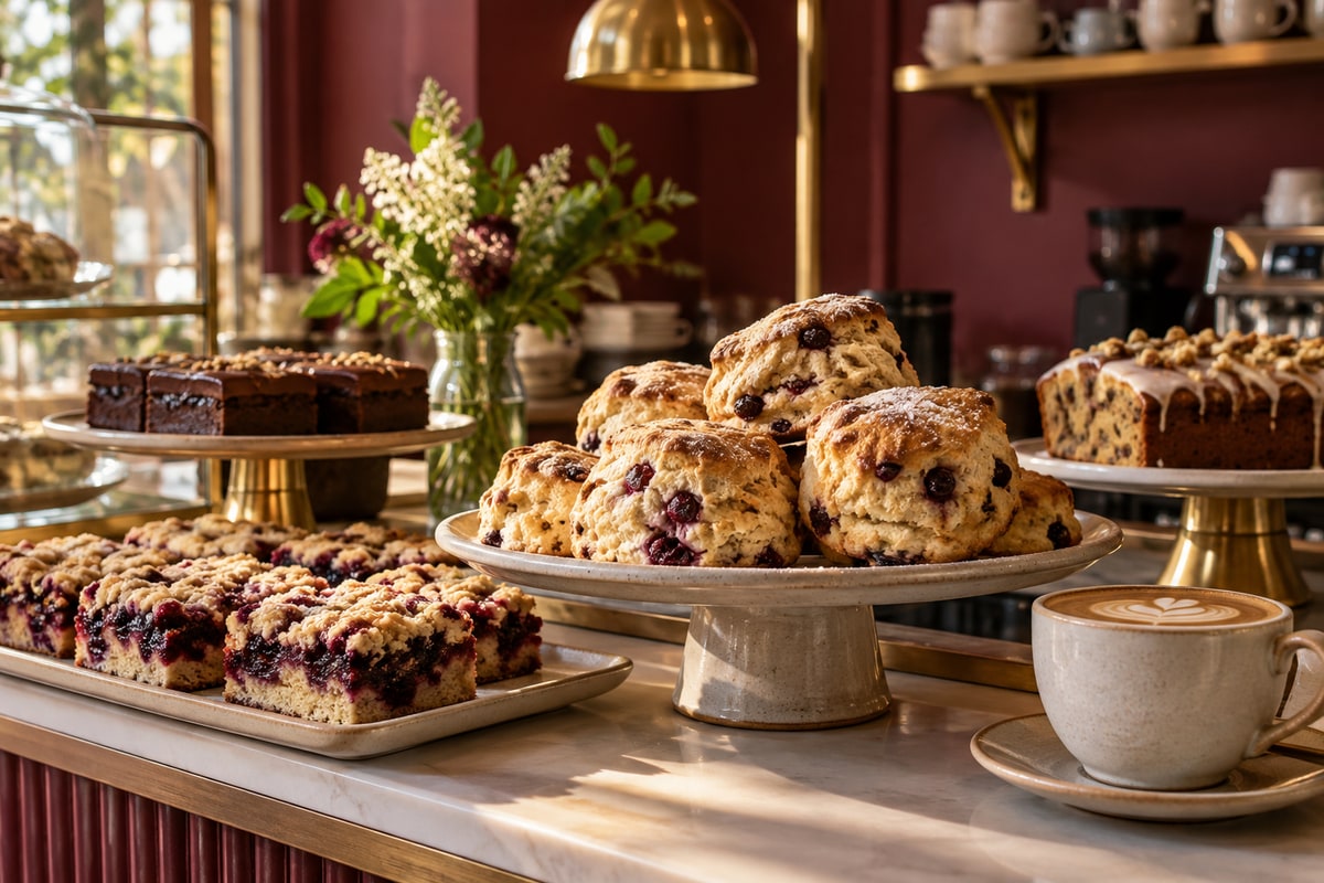 Savoy Cafe counter display with freshly baked scones and homemade traybakes