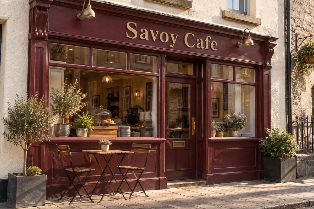 Savoy Cafe traditional shopfront on Newcastle Main Street with warm morning light