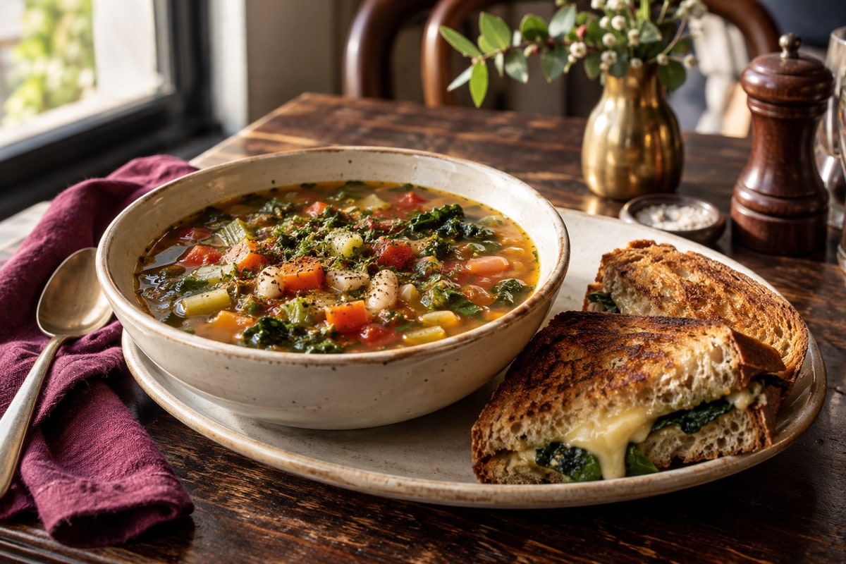 Freshly prepared hot lunch with hearty soup and artisan sandwich served at table