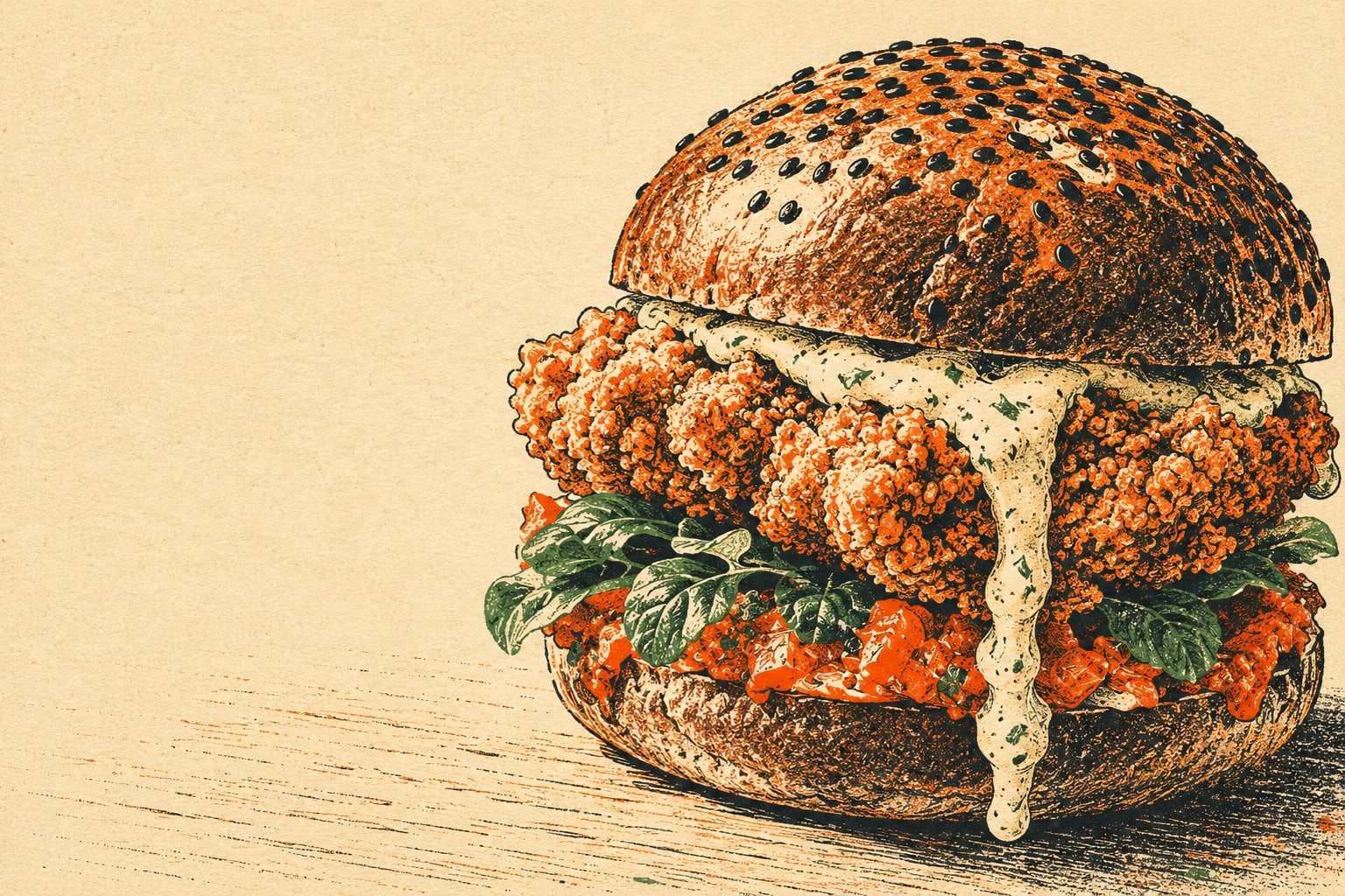 A risograph-style illustration of the buttermilk chicken burger with wild garlic mayo
