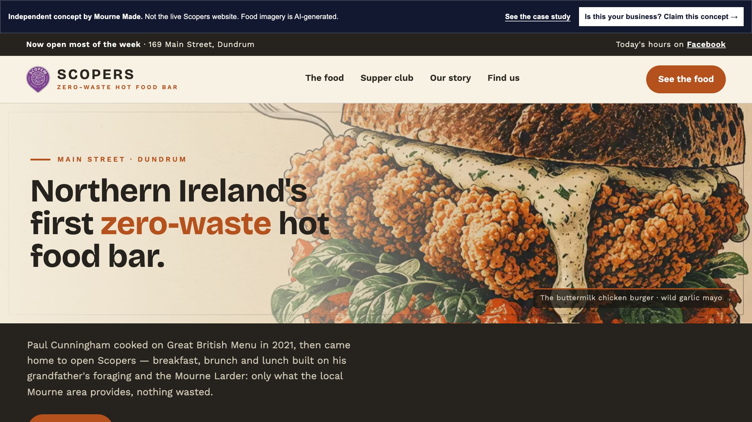 Mourne Made concept opening in cast iron, buttermilk and paprika, with the Northern Ireland's first zero-waste hot food bar headline, a supper club card and a signature-dish list