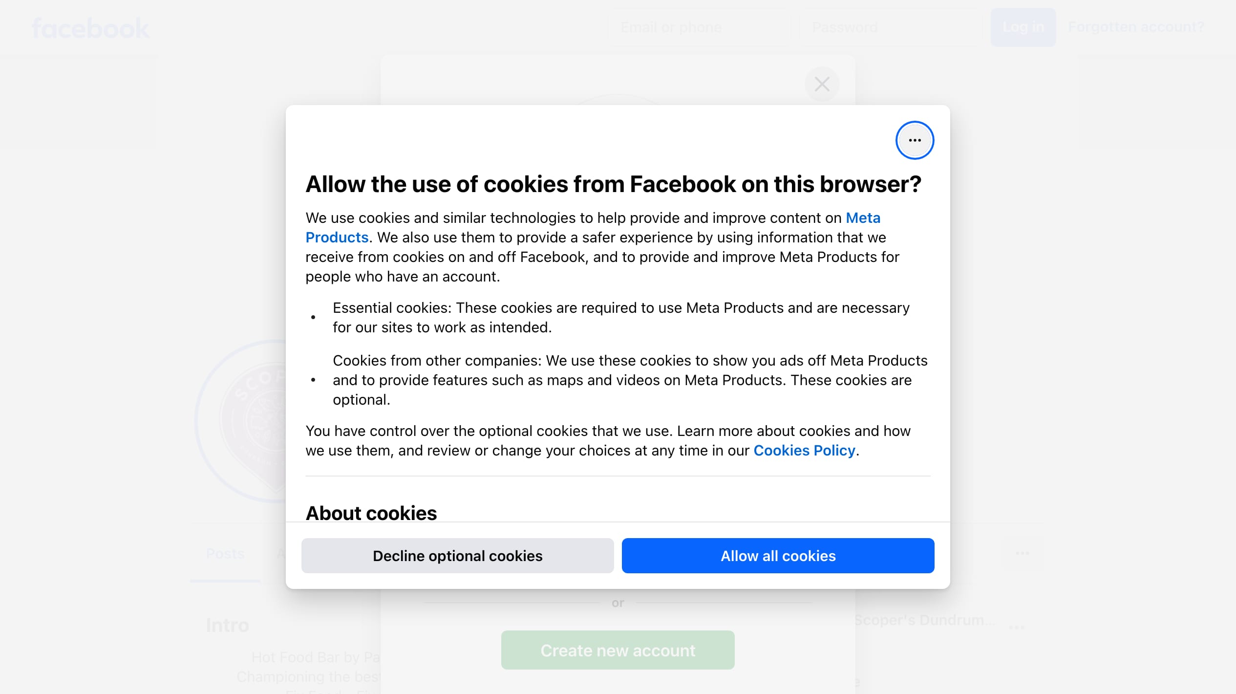 Scopers' current public presence: its Facebook page covered by Meta's cookie consent dialog and login form, with the bar's introduction greyed out behind them