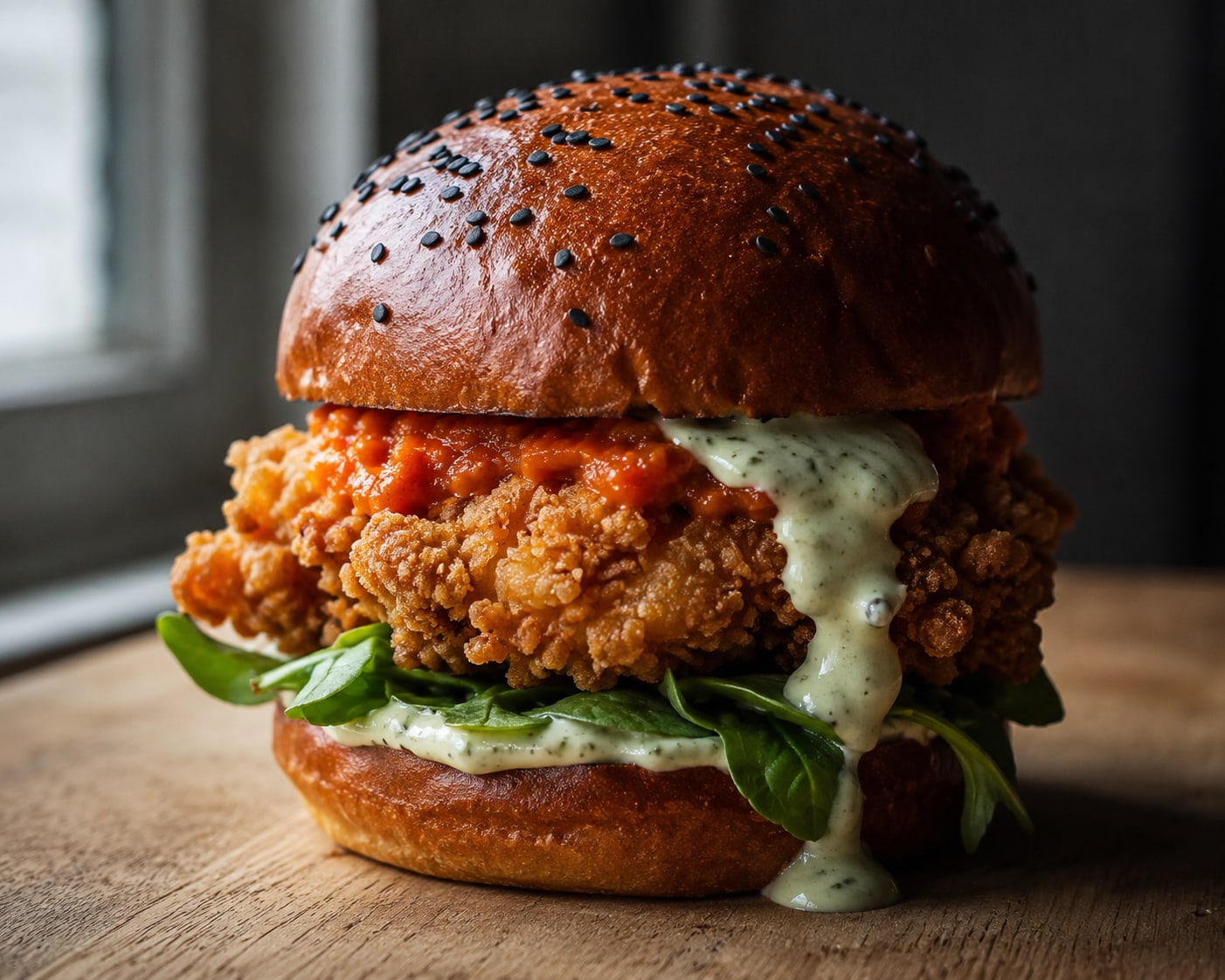 A buttermilk-fried chicken burger in a seeded milk bread bun