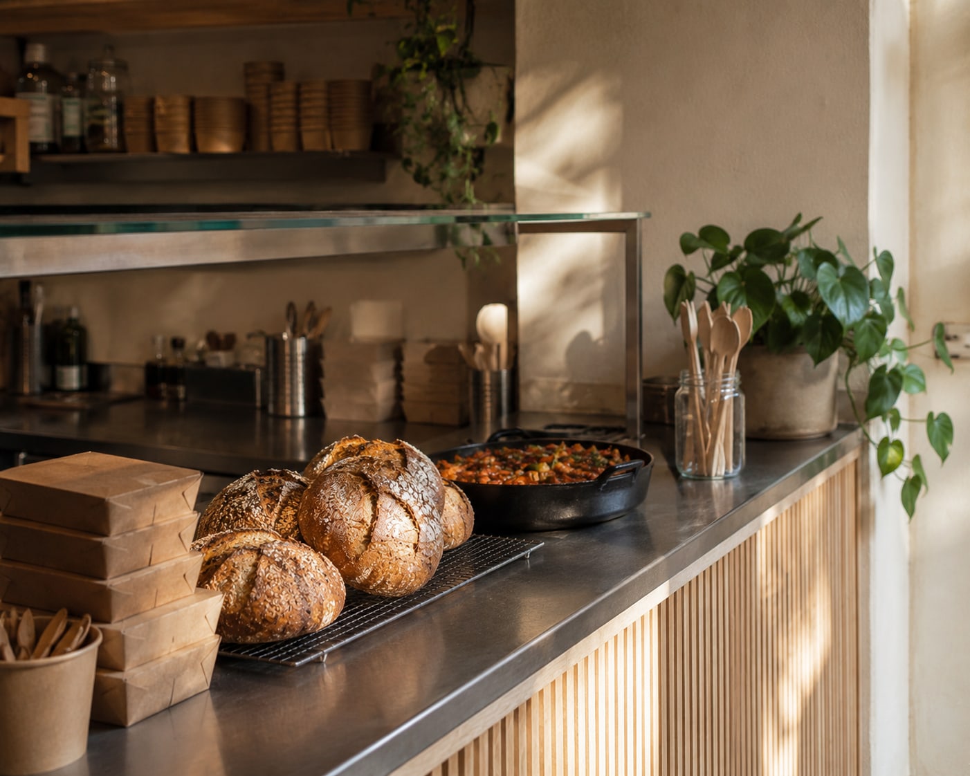 A small hot food bar counter with kraft boxes, loaves and a cast-iron pan