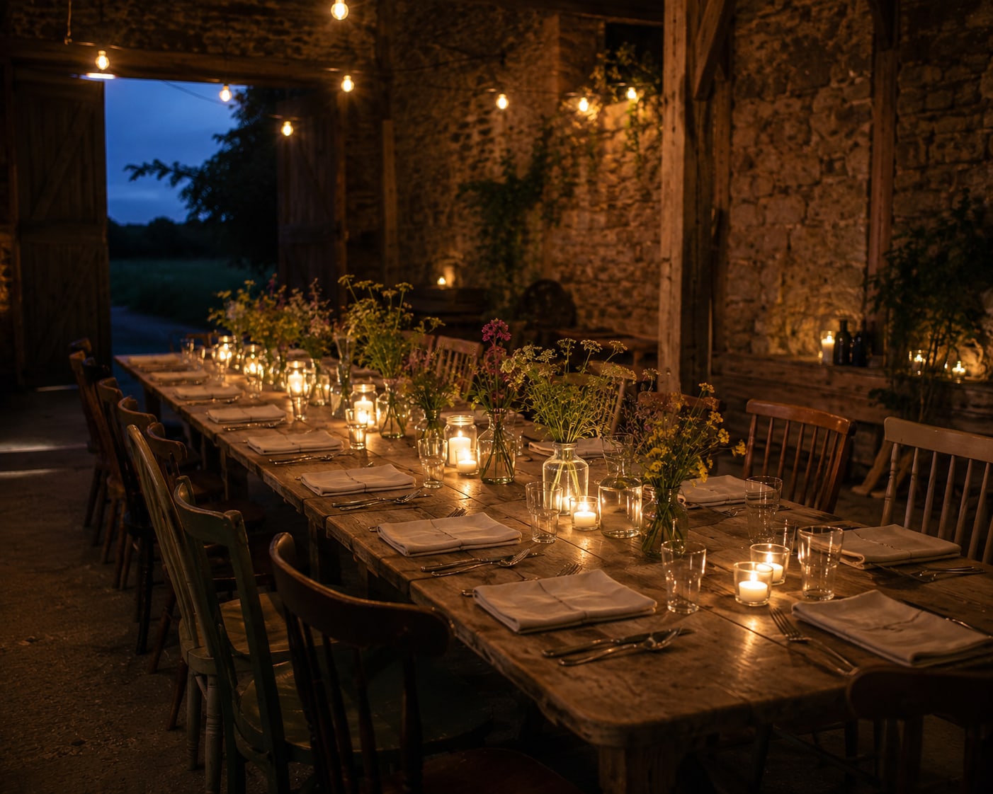 Long table laid for a supper club in a stone barn at dusk