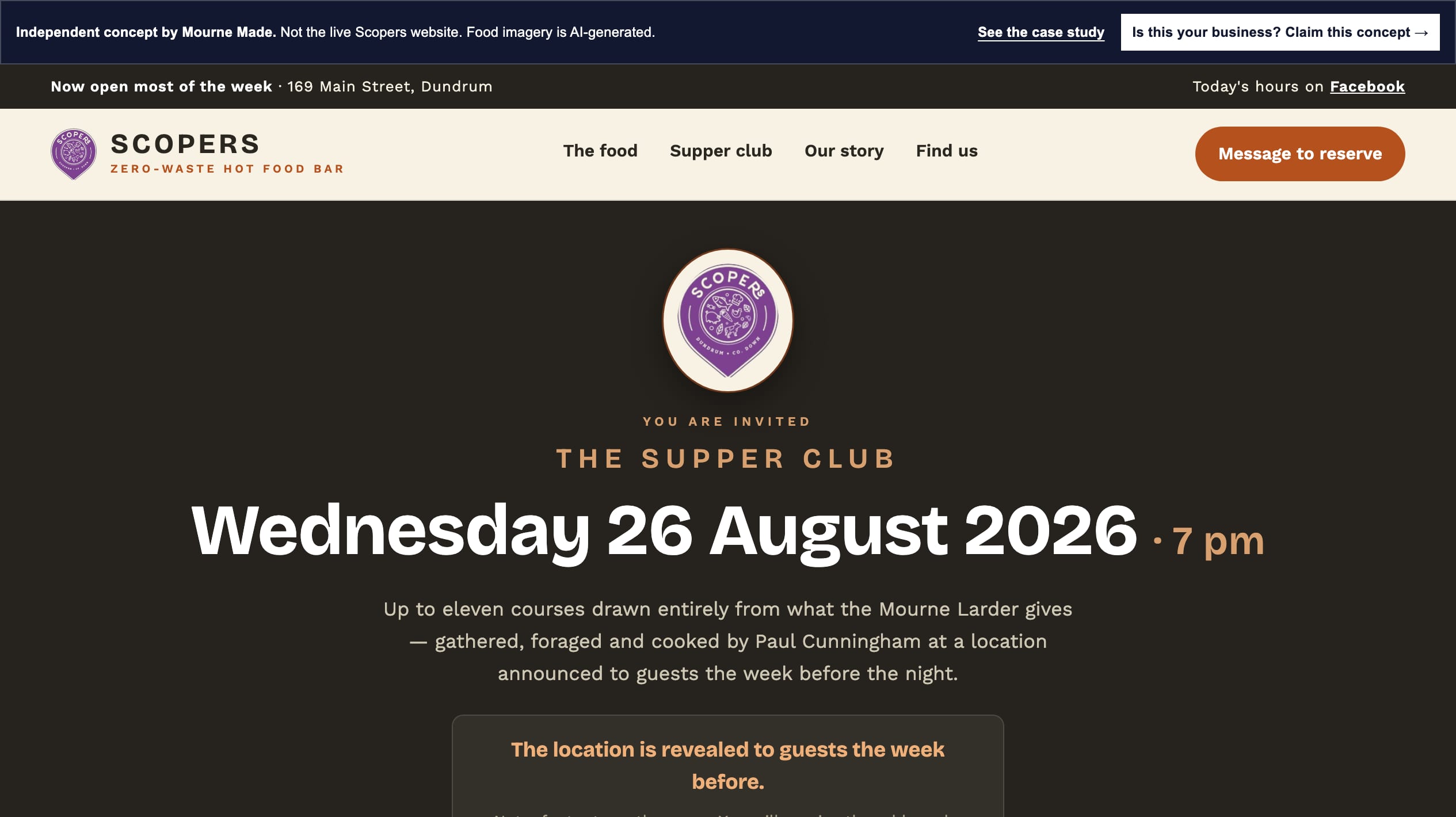 The Scopers supper-club concept page in cast iron, buttermilk and paprika: an eleven-course August menu, event details card and booking button