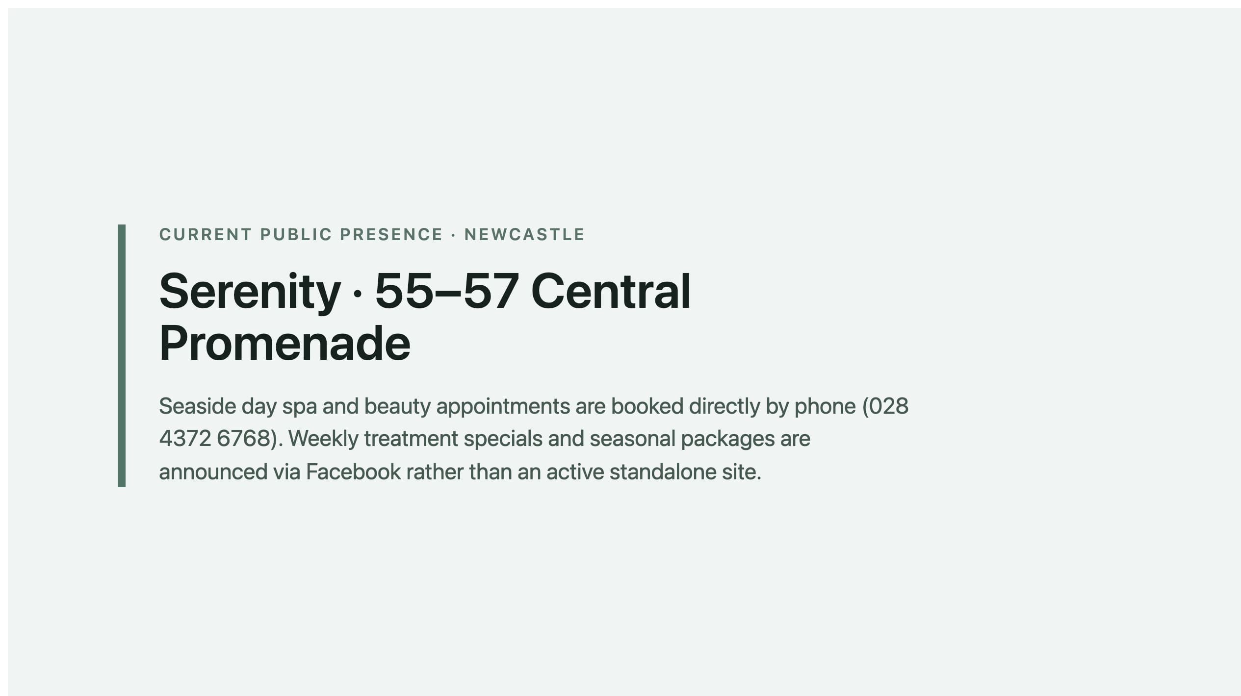 Labelled placeholder for Serenity's current public presence (telephone reservations and Facebook) — not a live-site screenshot; a matched capture was not filed for the 27 August 2026 publish