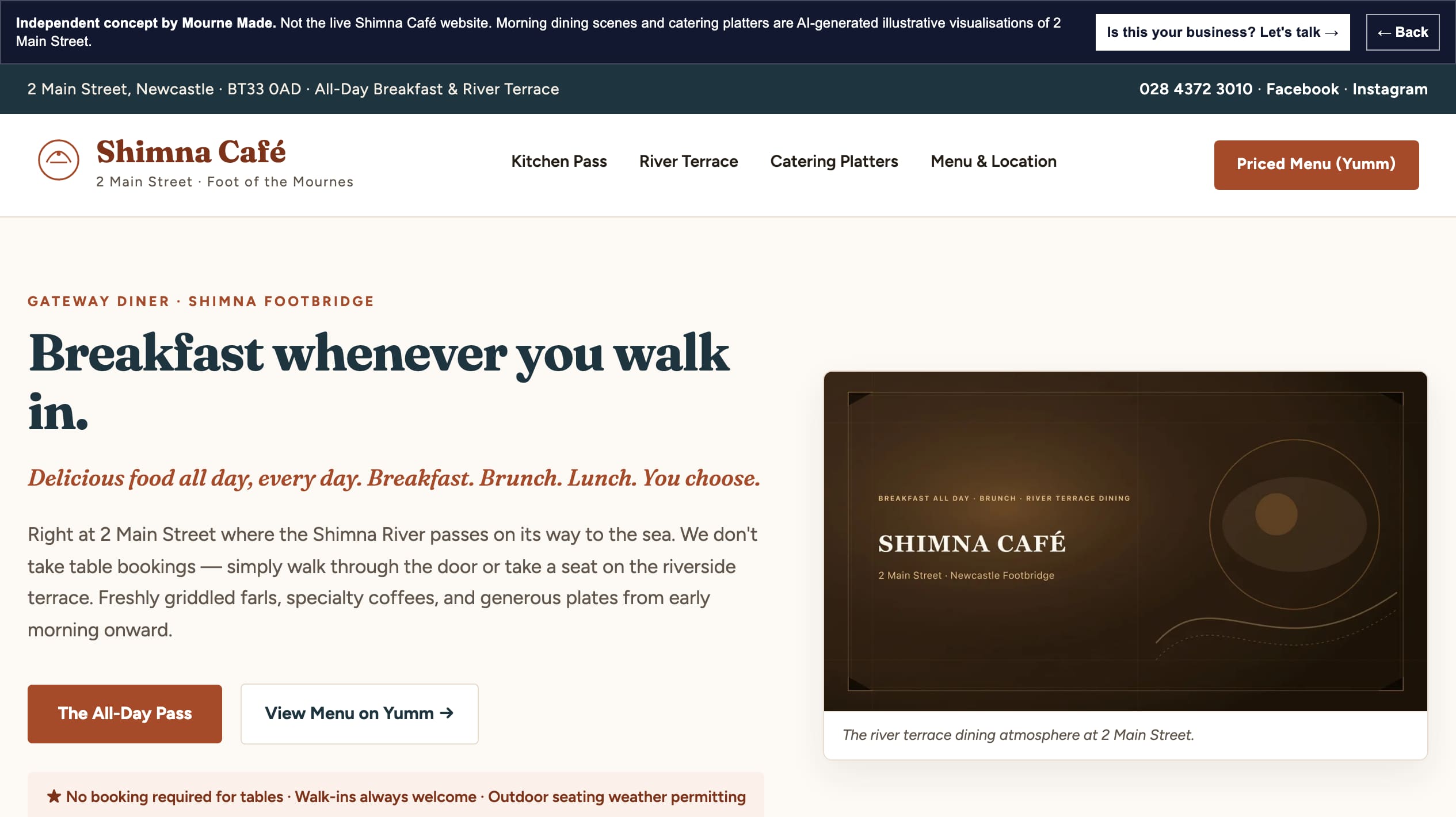 Mourne Made concept opening screen for The Shimna Café, captured from the local concept route