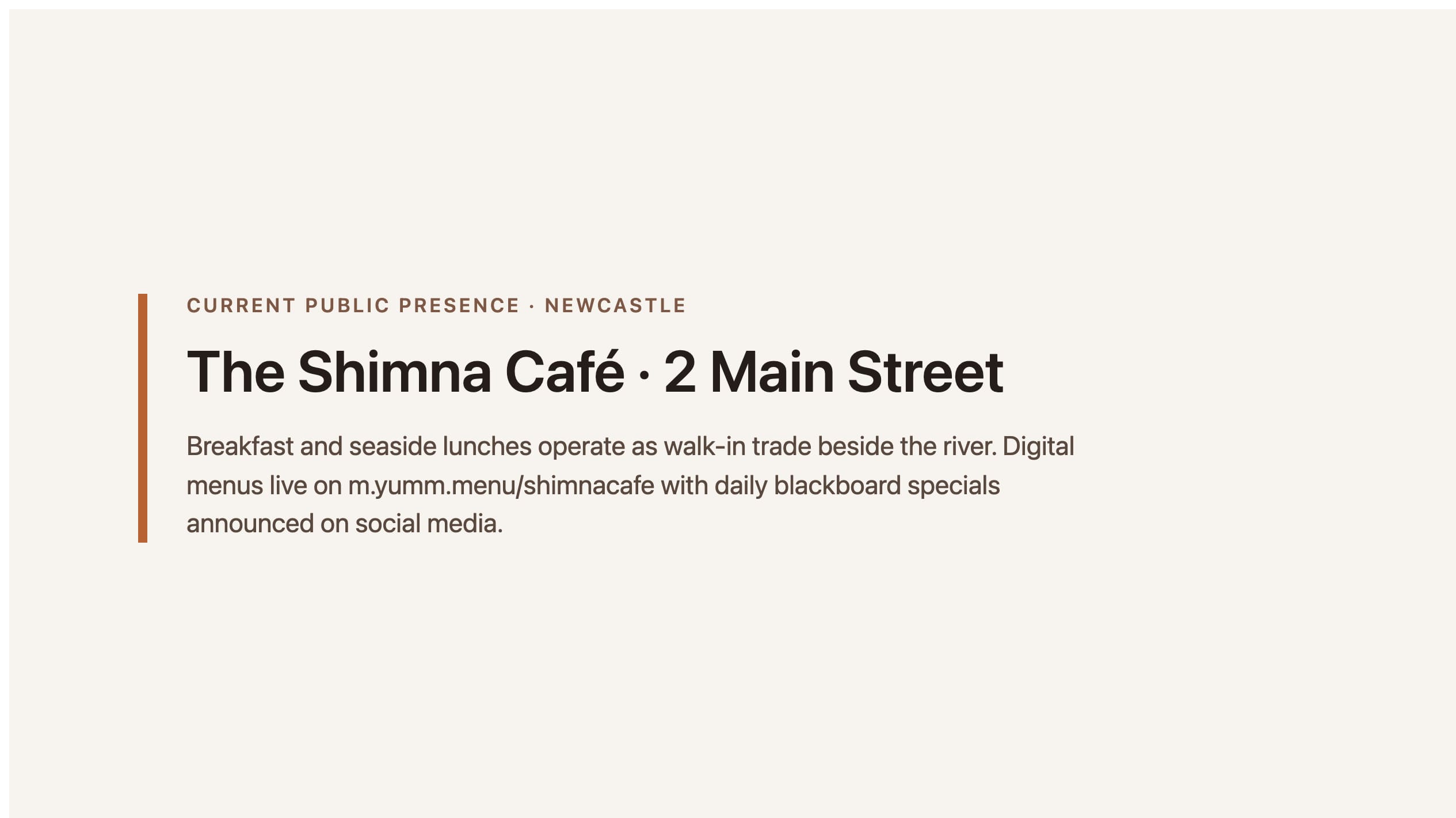 Labelled placeholder for The Shimna Café's current public presence (m.yumm.menu and social media) — not a live-site screenshot; a matched capture was not filed for the 27 August 2026 publish