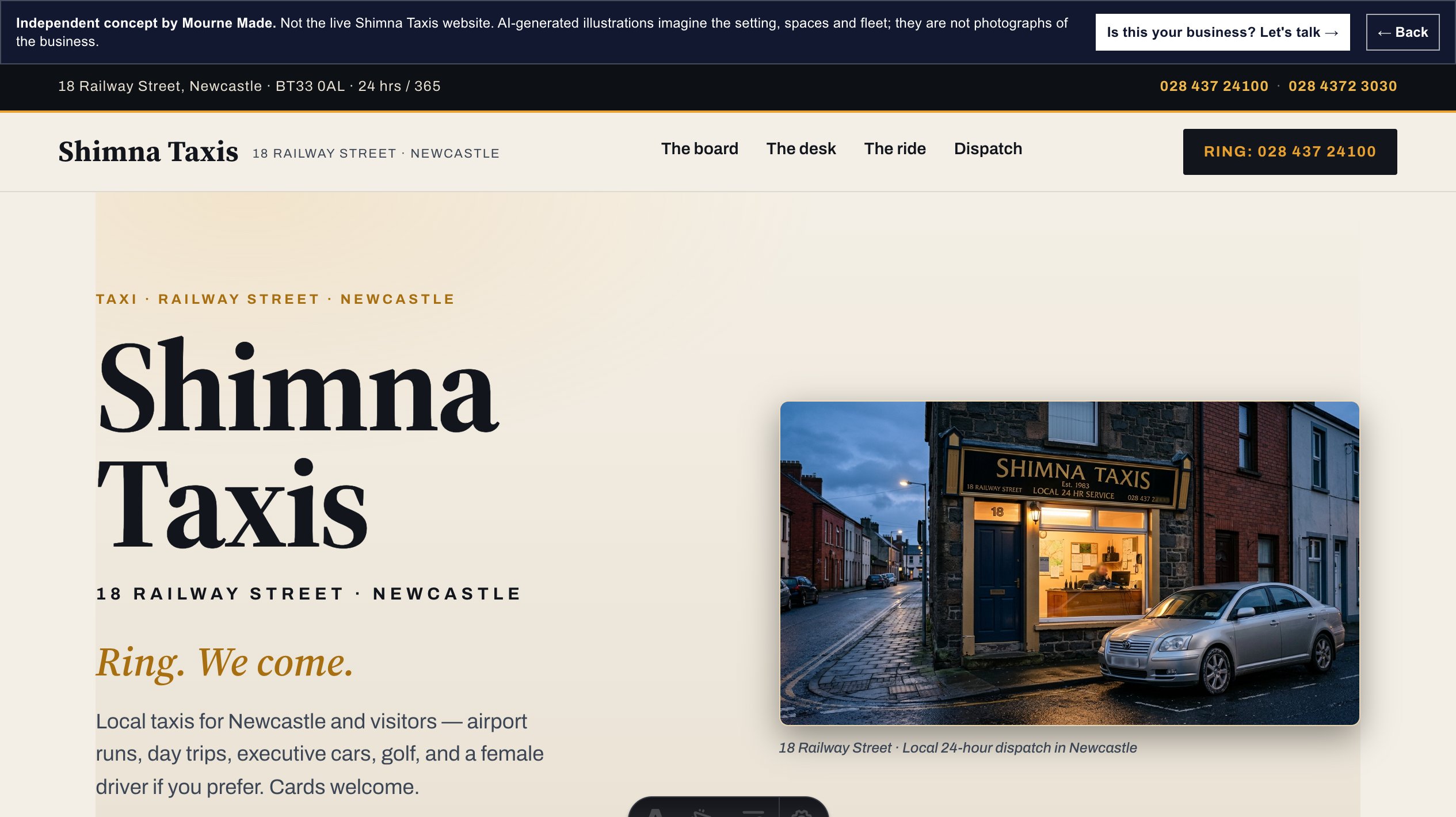 Mourne Made concept opening screen for Shimna Taxis, captured from the local concept route