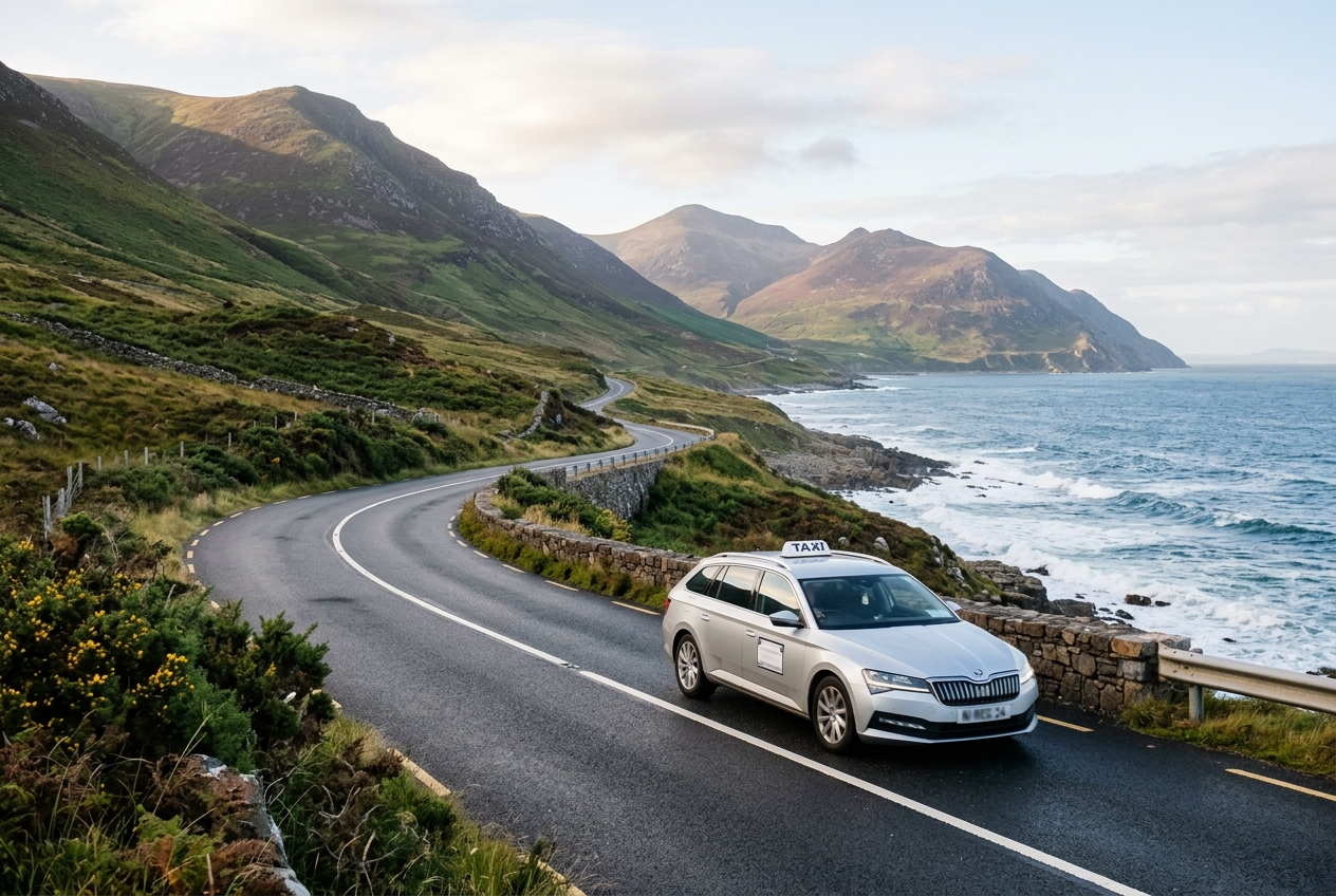 Shimna Taxis silver estate car on a scenic Mourne coastal drive