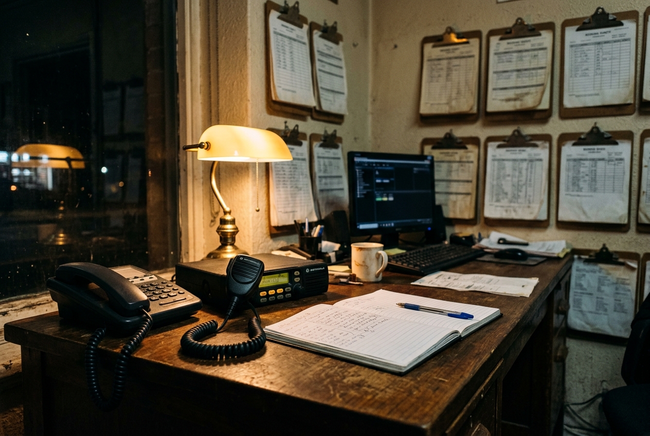 Local taxi dispatch desk with landline receiver, booking logs, and radio equipment at 18 Railway Street