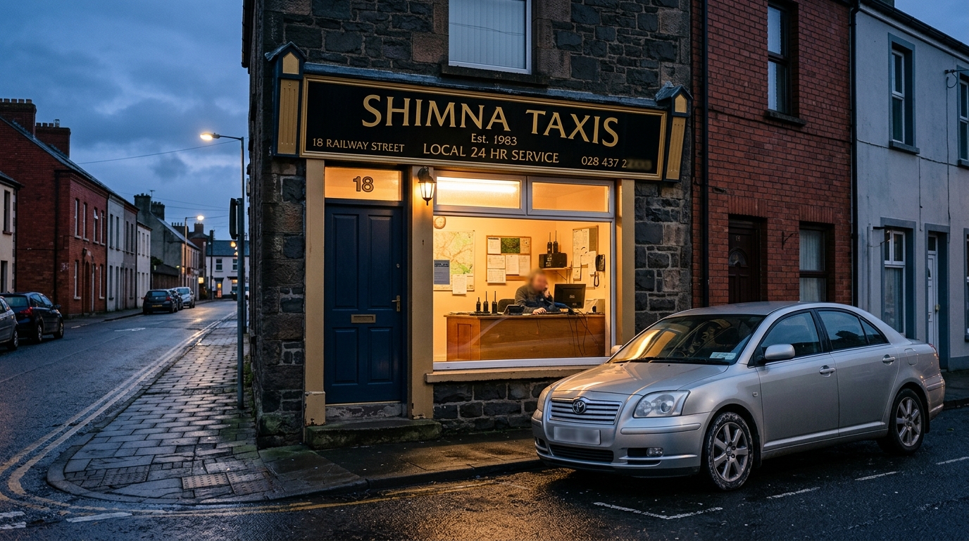 Shimna Taxis local dispatch office at 18 Railway Street Newcastle at evening dusk