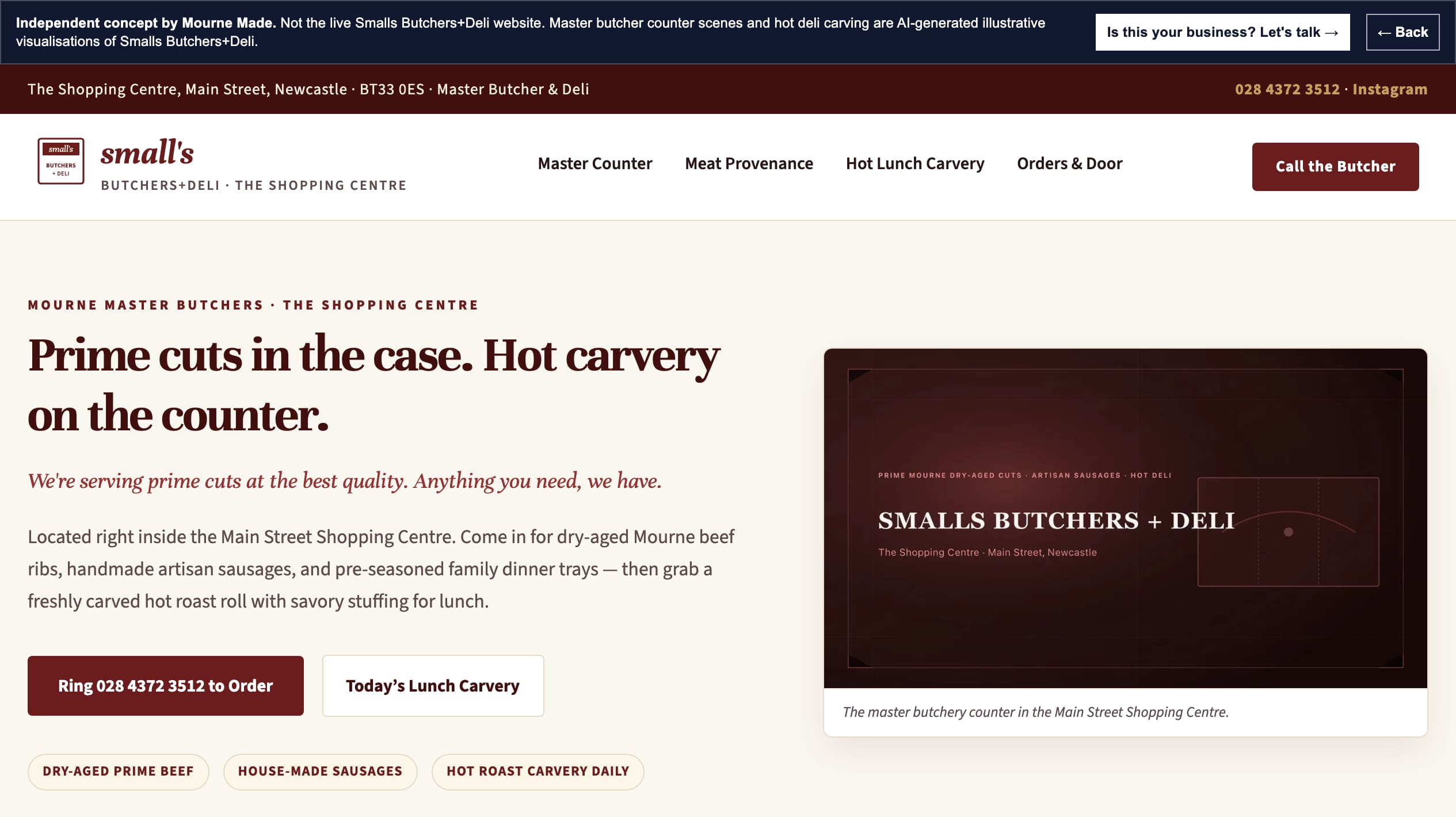 Mourne Made concept opening screen for Small's Butchers & Deli, captured from the local concept route