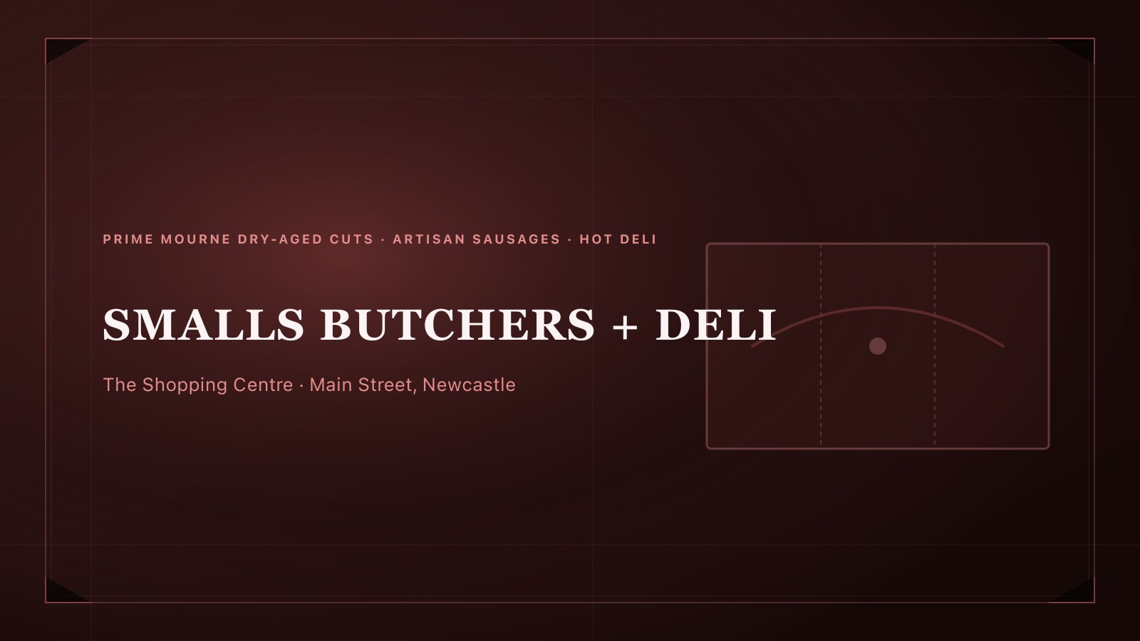 Traditional master butcher shop counter in Newcastle Shopping Centre with dry-aged beef and artisan links