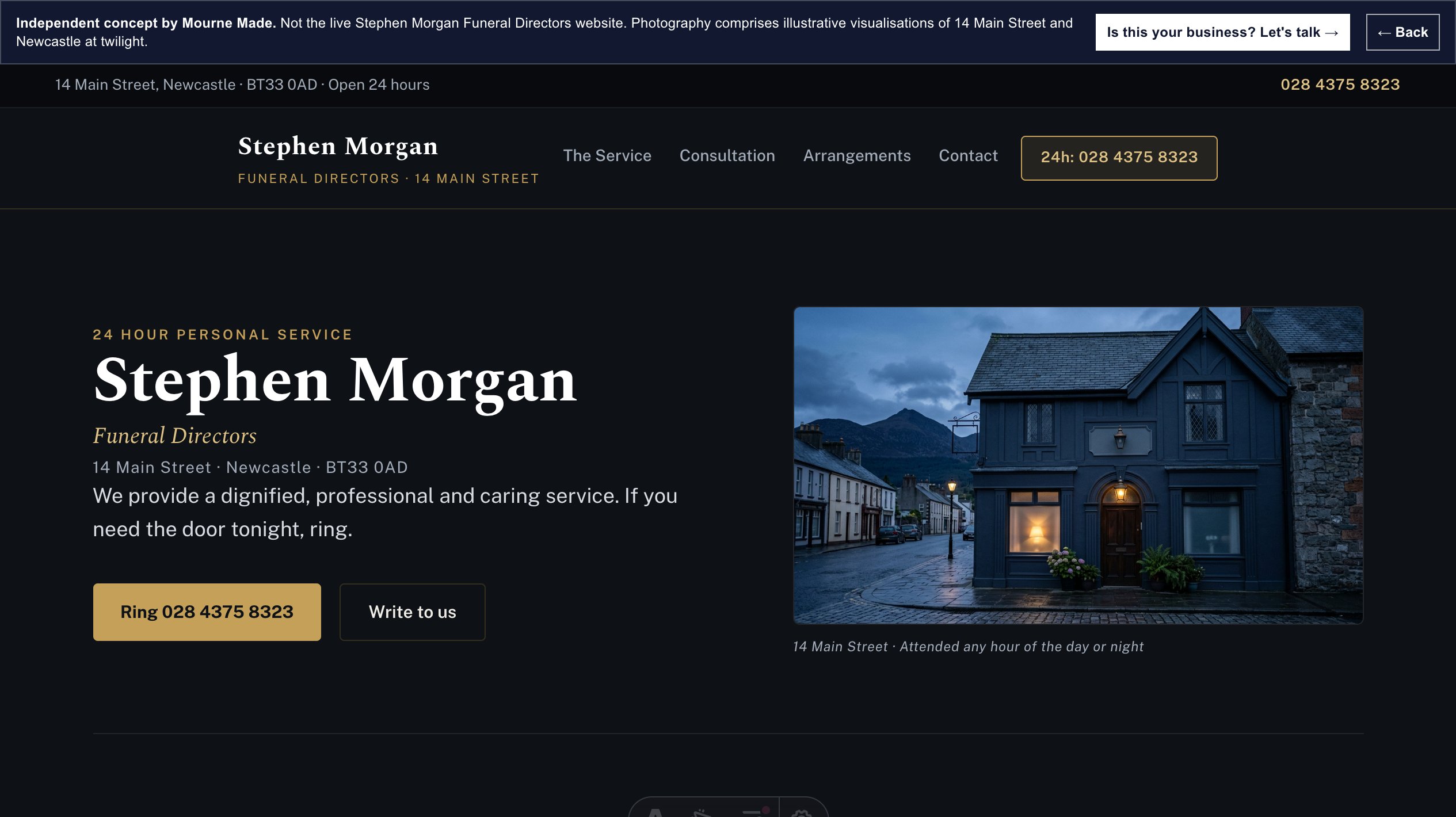 Mourne Made concept opening screen for Stephen Morgan Funeral Directors, captured from the local concept route