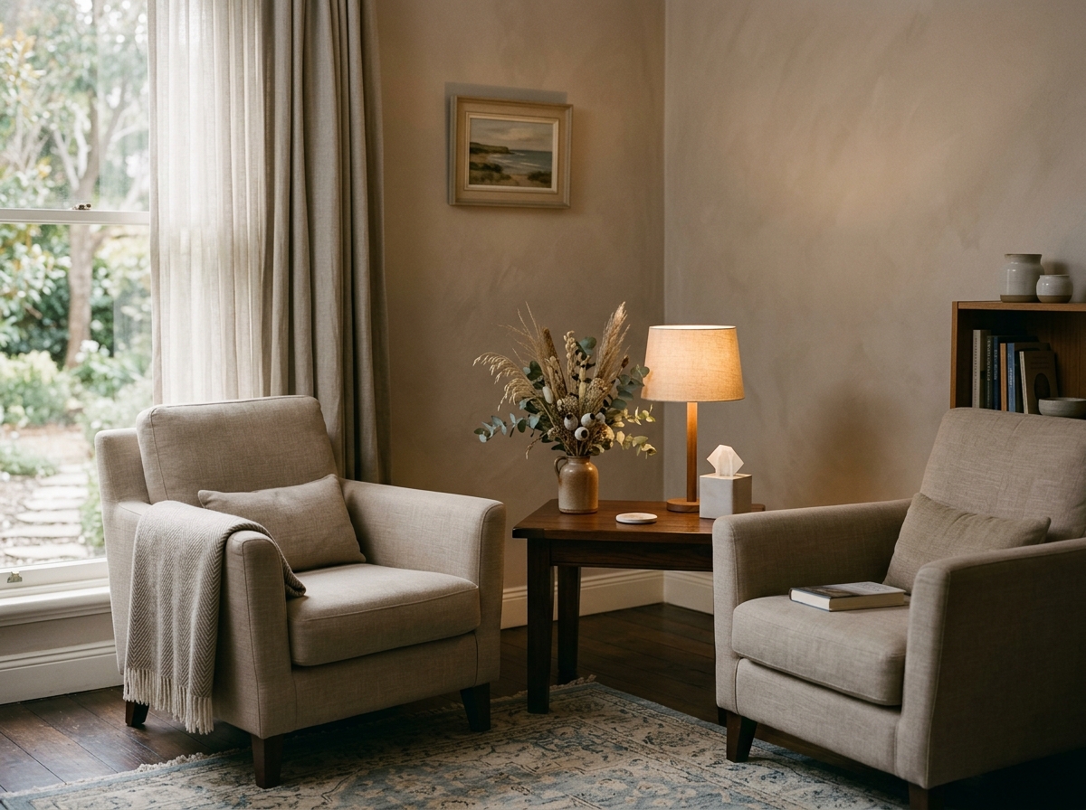 Quiet private family consultation room with muted linen armchairs and warm reading lamp