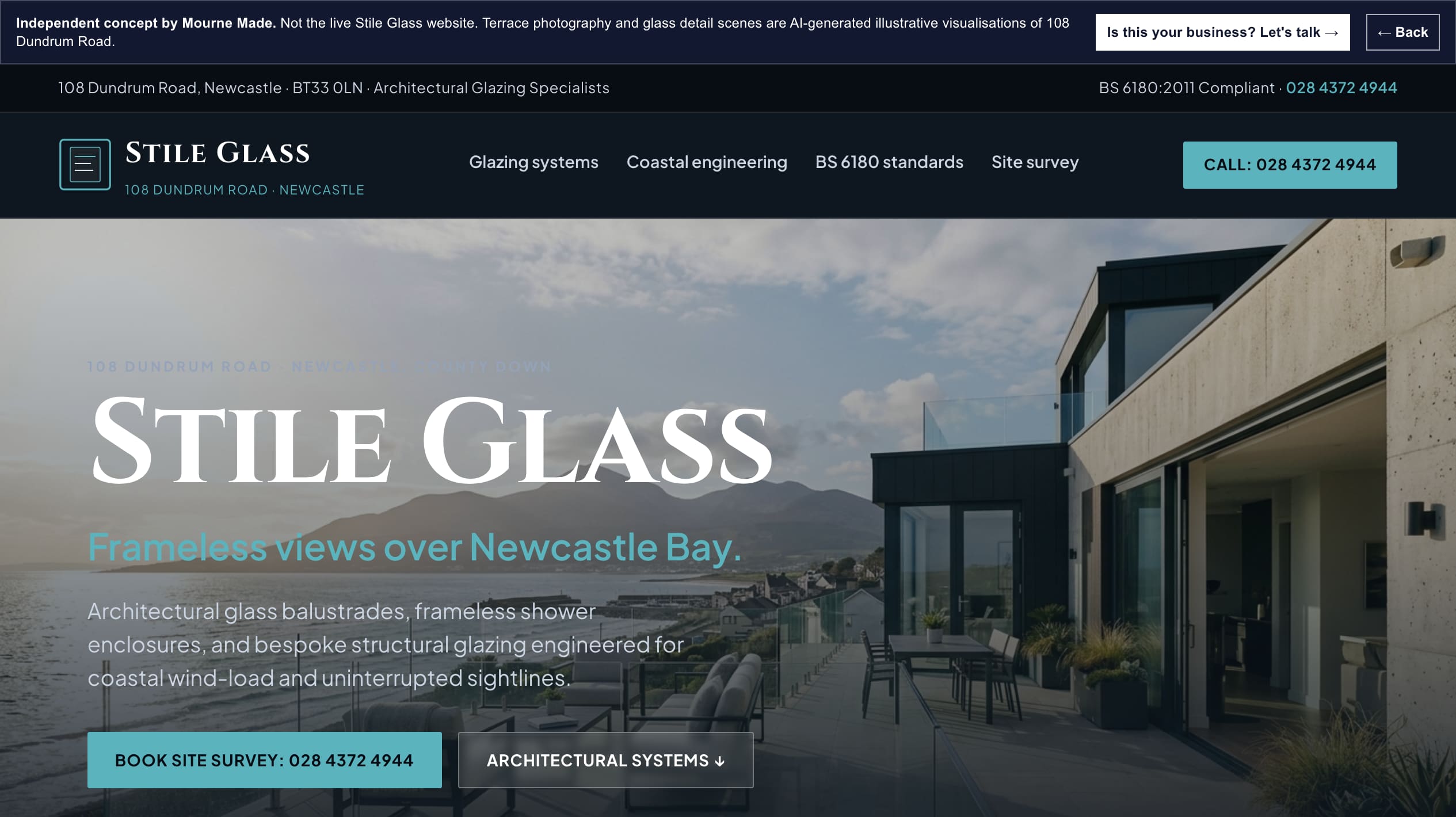 Mourne Made concept opening screen for Stile Glass, captured from the local concept route