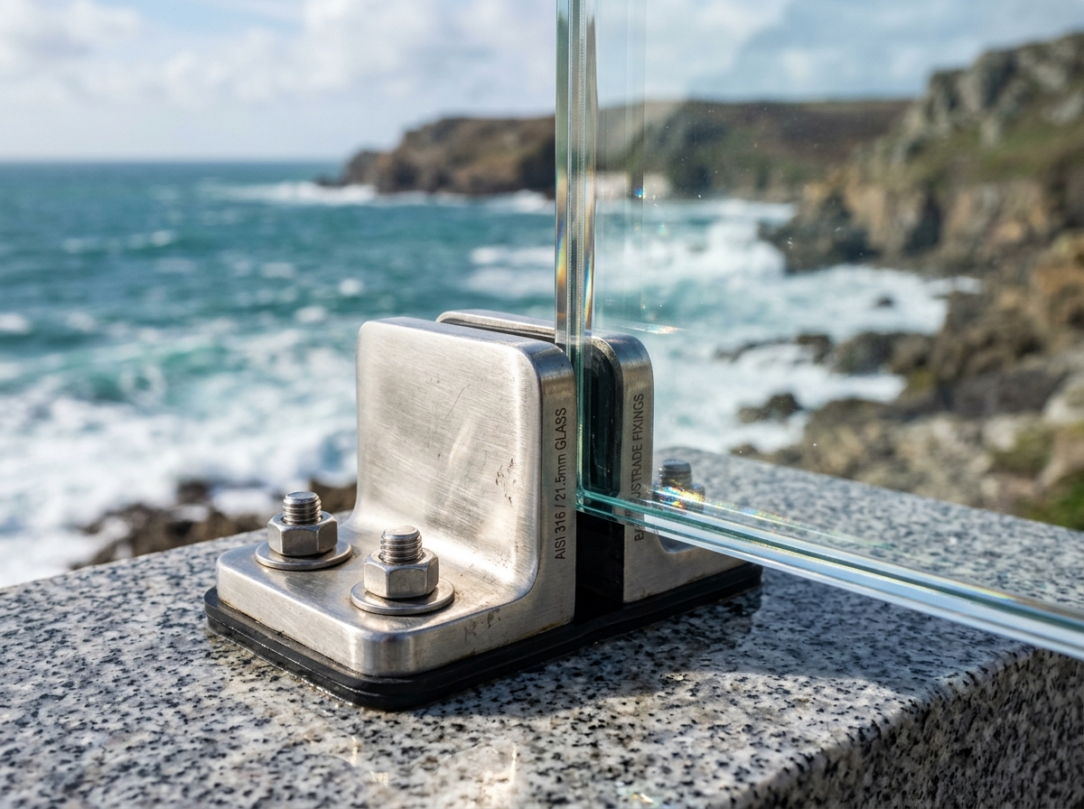 AI-generated illustrative macro detail of marine-grade stainless steel clamp fixing on granite coping holding laminated glass