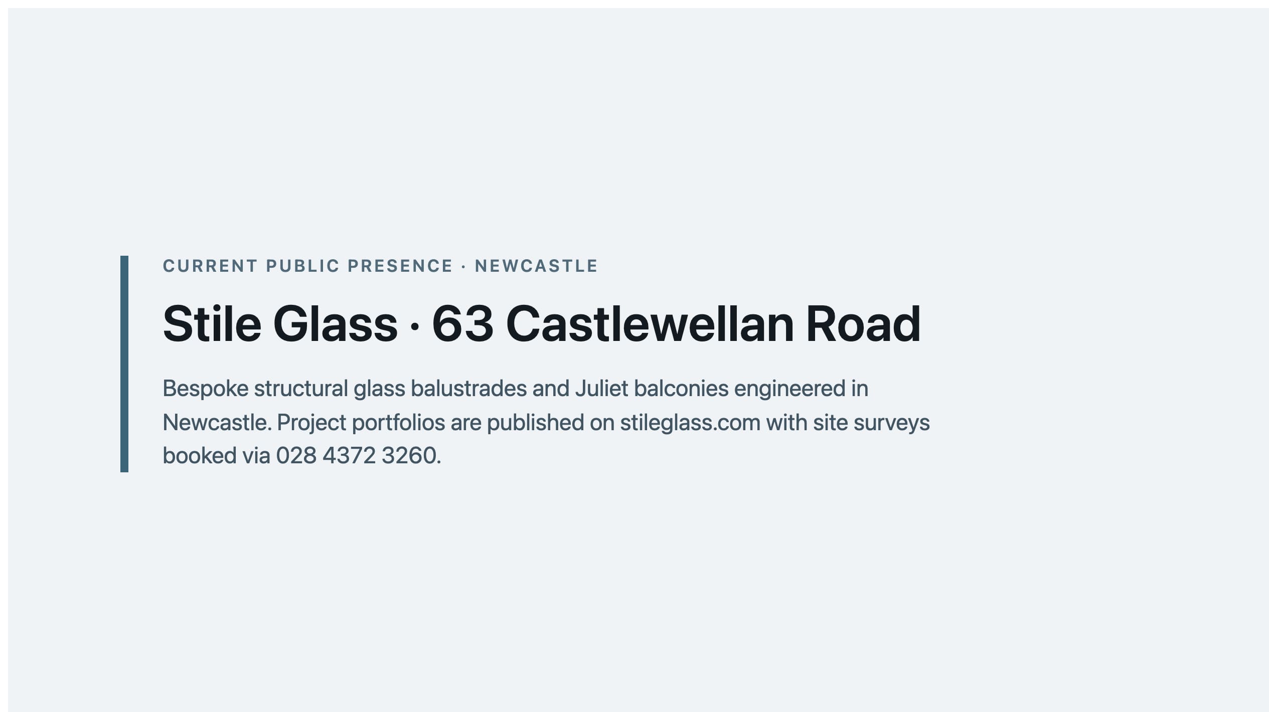 Labelled placeholder for Stile Glass's current public presence (stileglass.com and project portfolios) — not a live-site screenshot; a matched capture was not filed for the 27 August 2026 publish