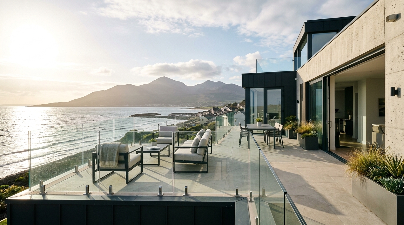 AI-generated illustrative view of modern coastal architectural terrace in Newcastle with frameless glass balustrades overlooking the sea