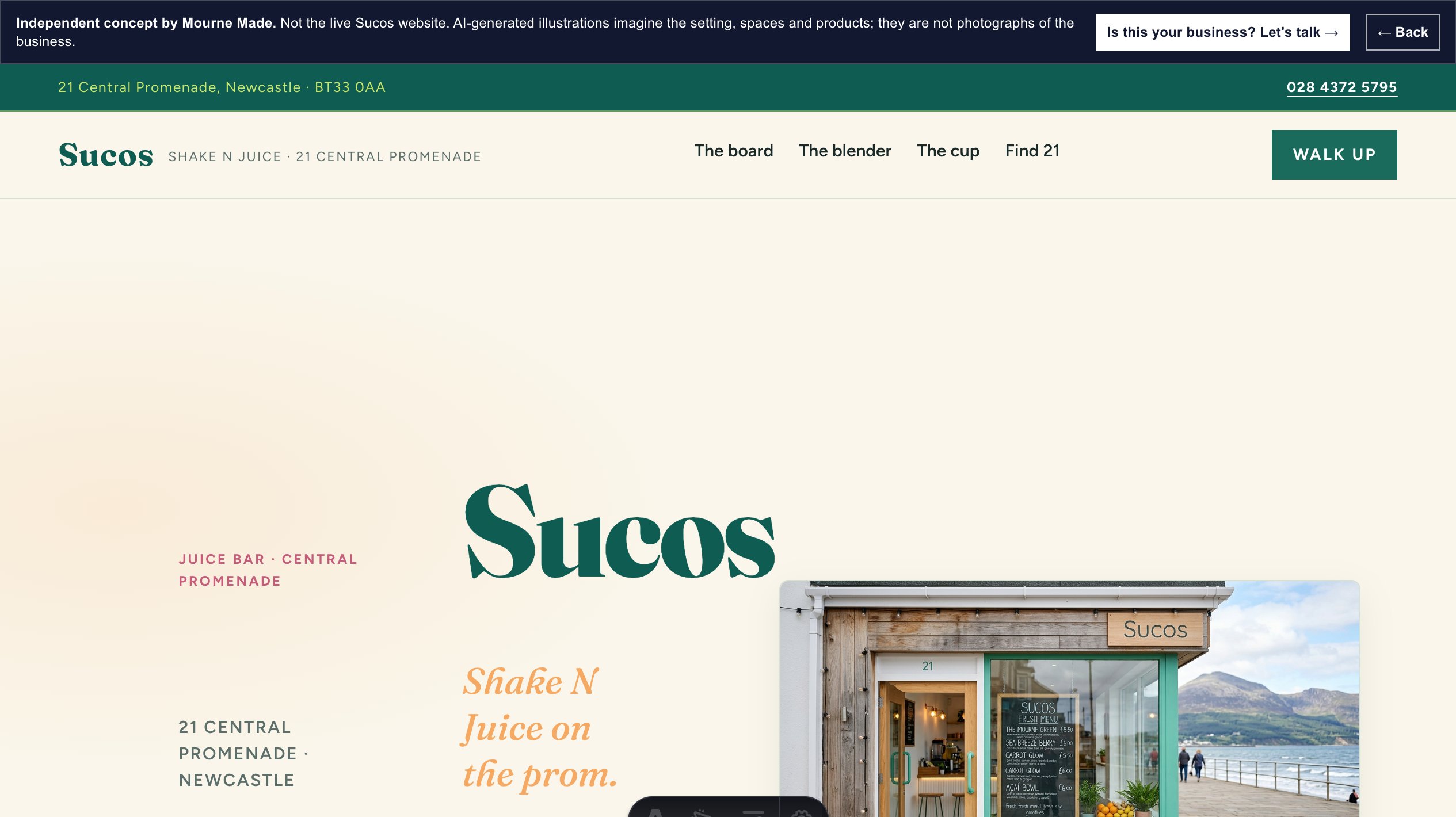 Mourne Made concept opening screen for Sucos, captured from the local concept route