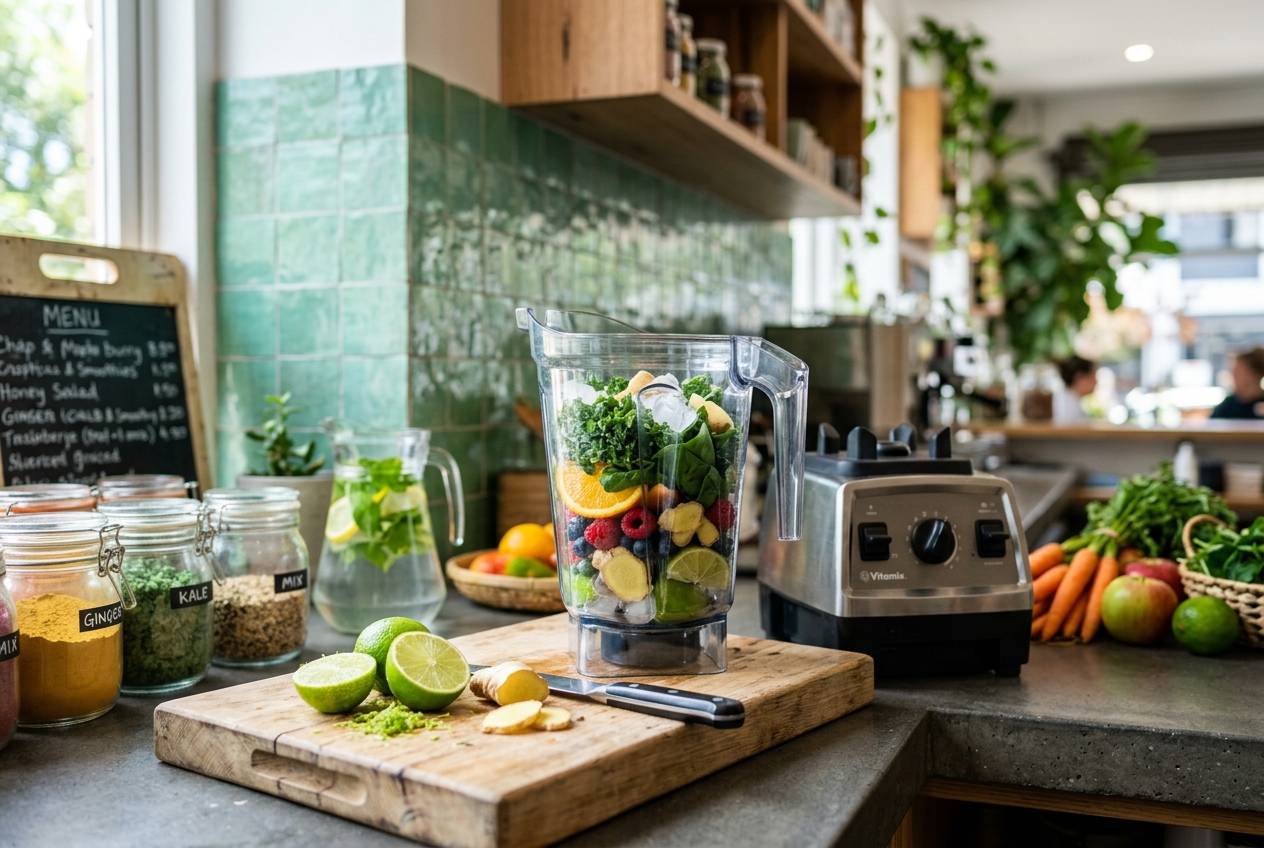 Fresh fruit, high-power blender pitcher and ginger on the preparation counter at Sucos