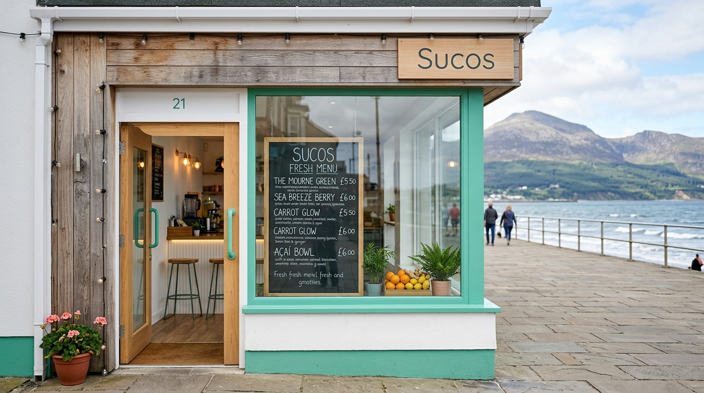 Sucos juice and smoothie bar frontage at 21 Central Promenade on the Newcastle seafront