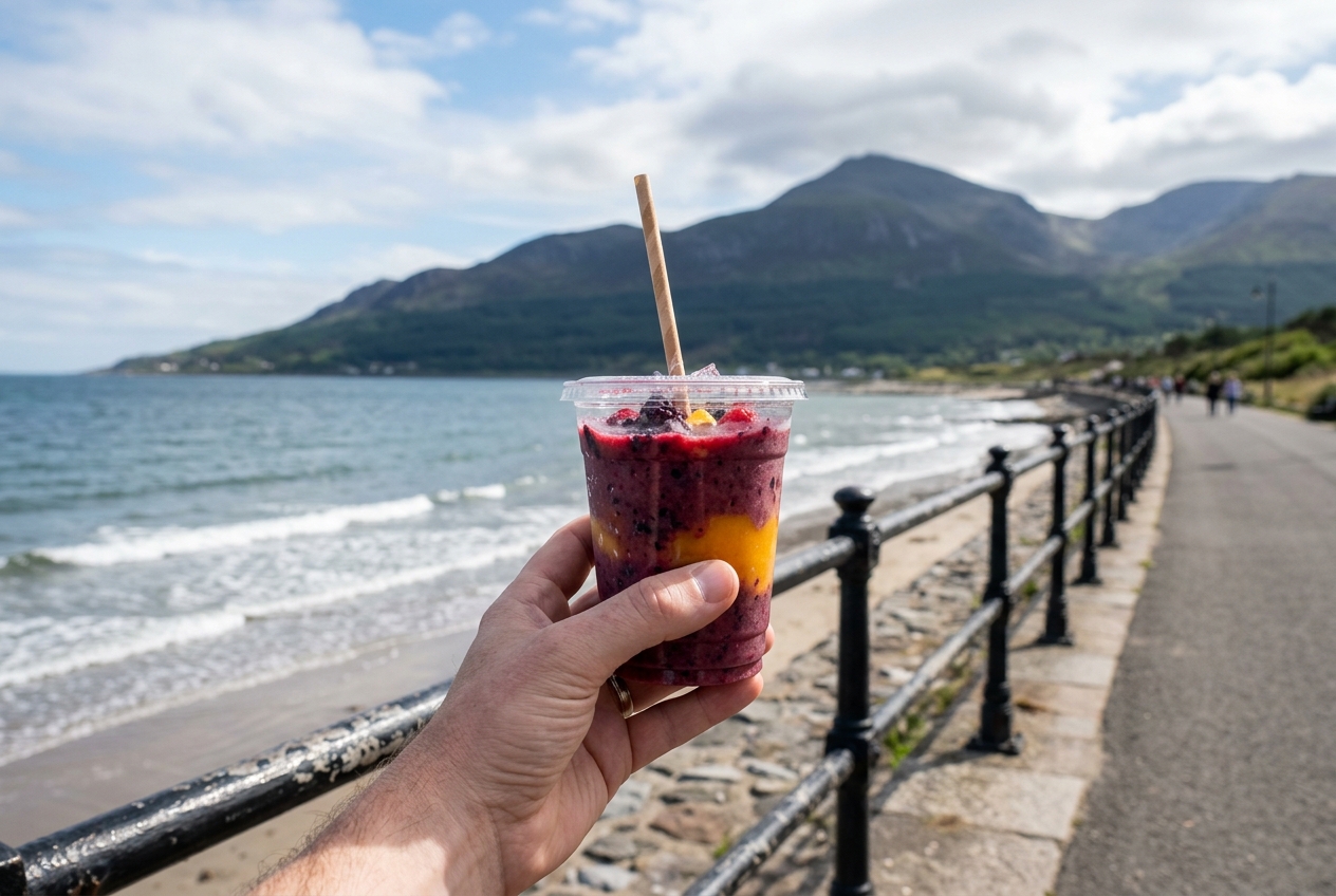A delicious fruit smoothie cup held at the Newcastle promenade railings with Slieve Donard mountain